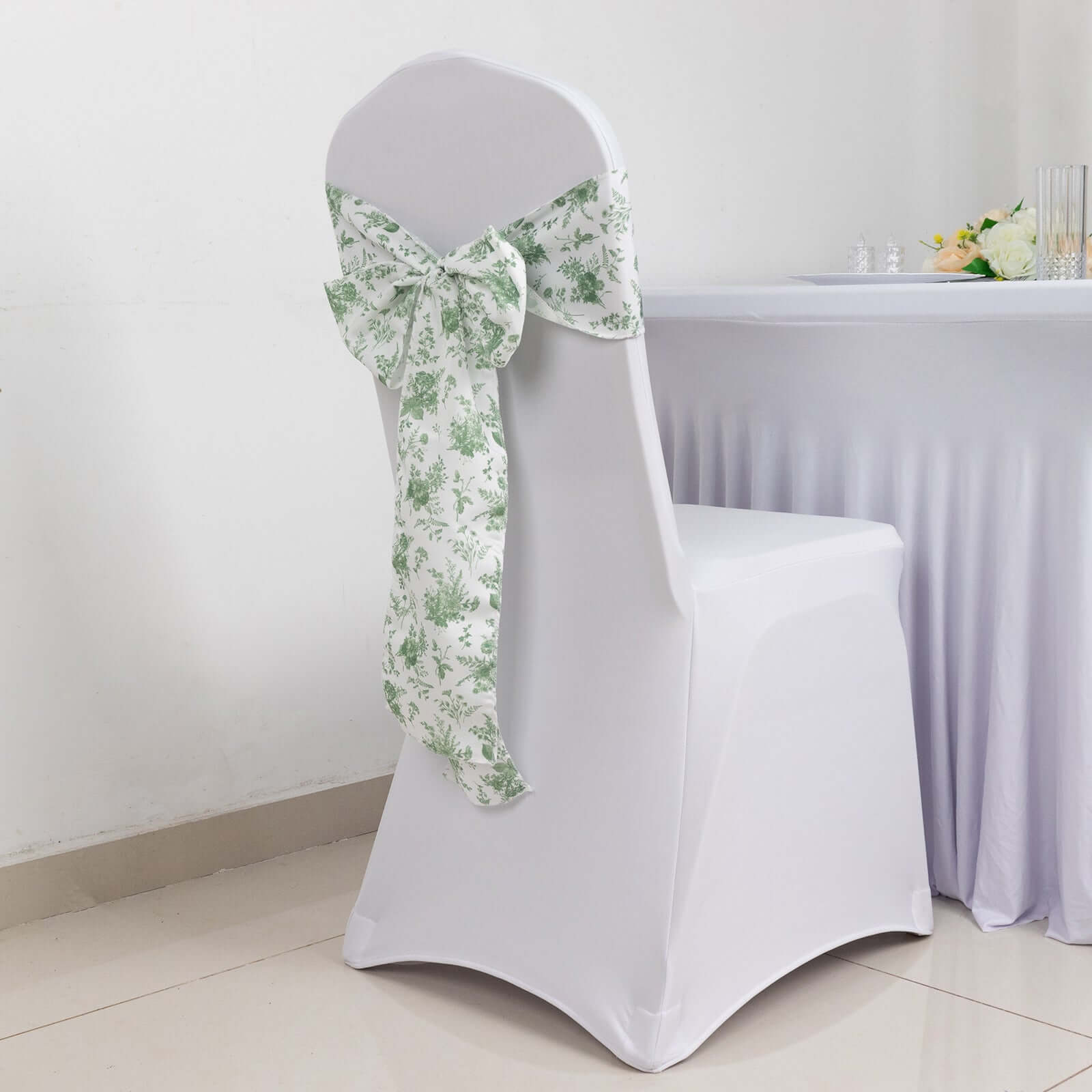 5-Pack French Toile Floral Polyester Chair Sashes in Dusty Sage Green - Stylish, Durable & Reusable