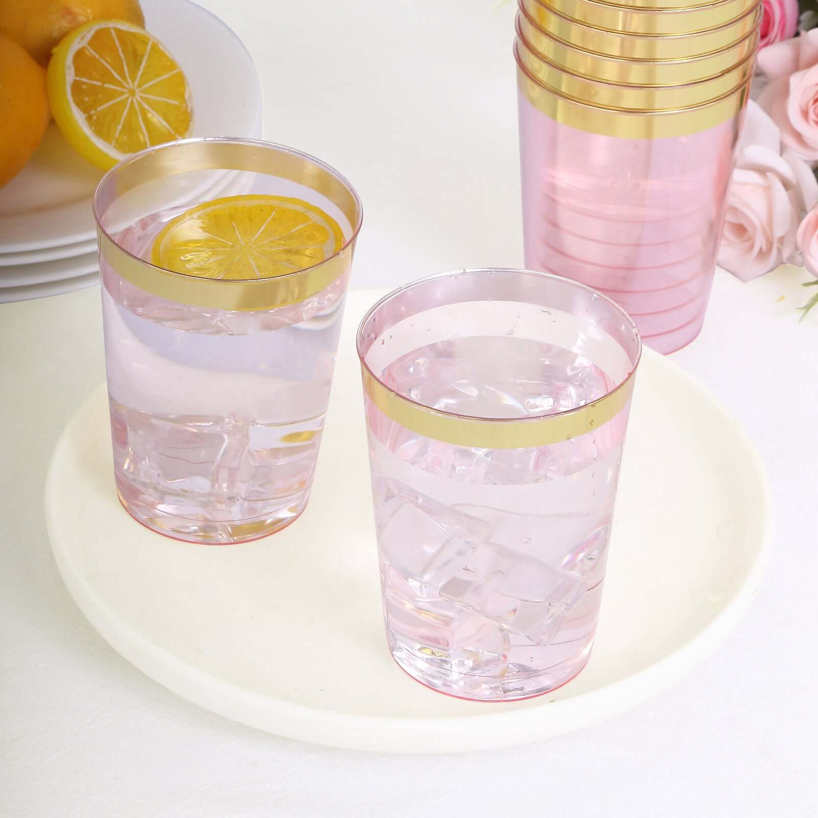 25-Pack 10oz Disposable Plastic Tumbler Cups in Transparent Blush with Stylish Gold Rim