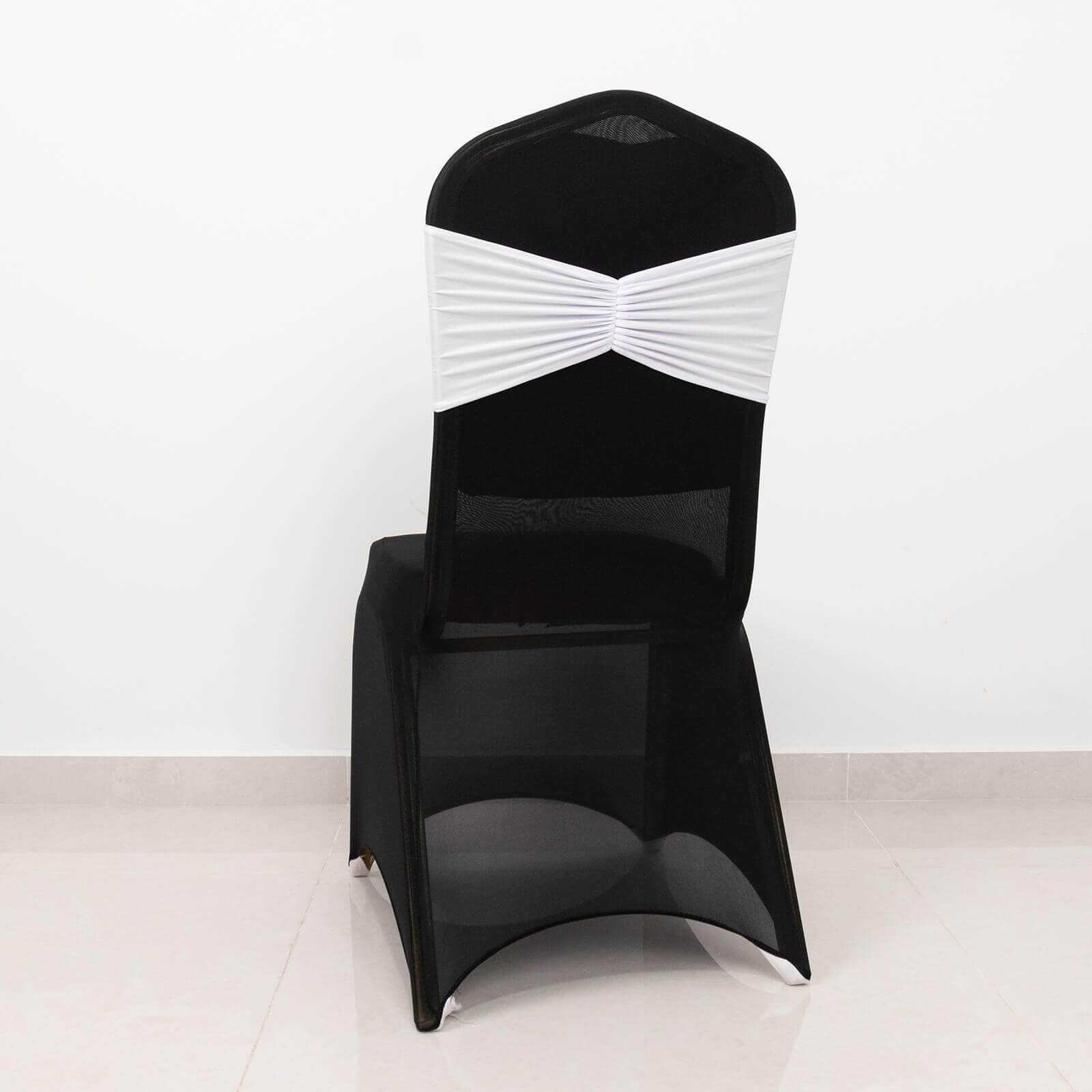 5-Pack White Ruffled Spandex Chair Sashes - Wide Stretch Bands for Elegant Weddings and Events