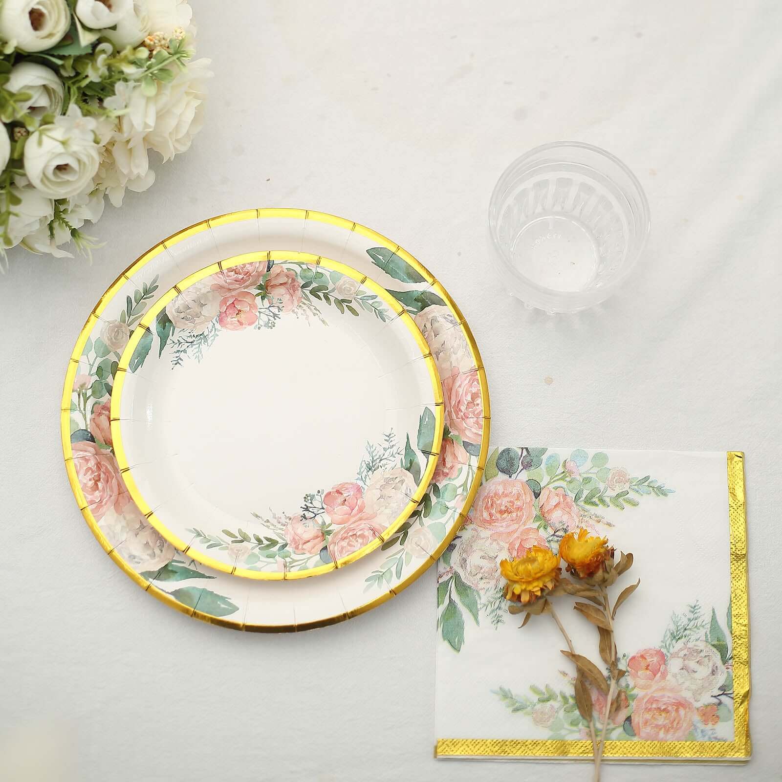 20-Pack 18GSM 2-Ply Pink Peony Floral Gold Trimmed White Paper Cocktail Napkins for Weddings - Hot Sale