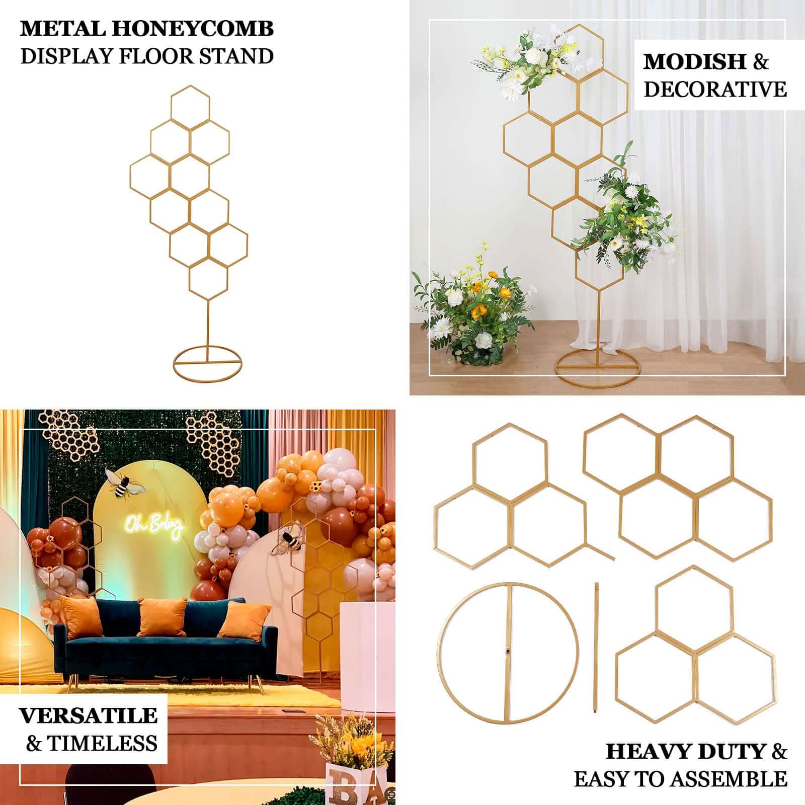 6ft Gold Metal Honeycomb Floor Standing Wedding & Party Flower Frame Backdrop Stand
