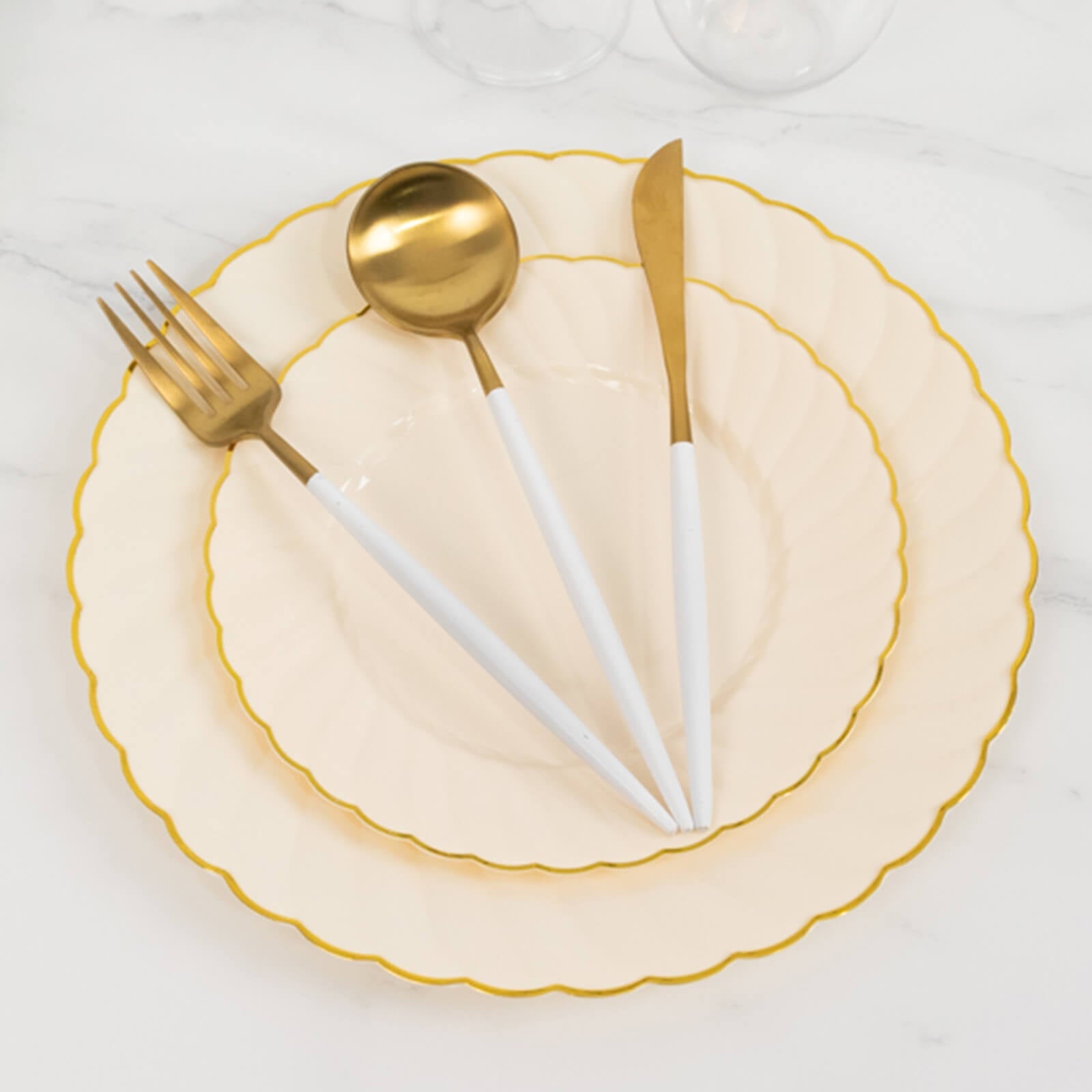 10-Pack Disposable Ivory Plastic Salad Dessert Plates with Gold Flair Rim - Great for Parties