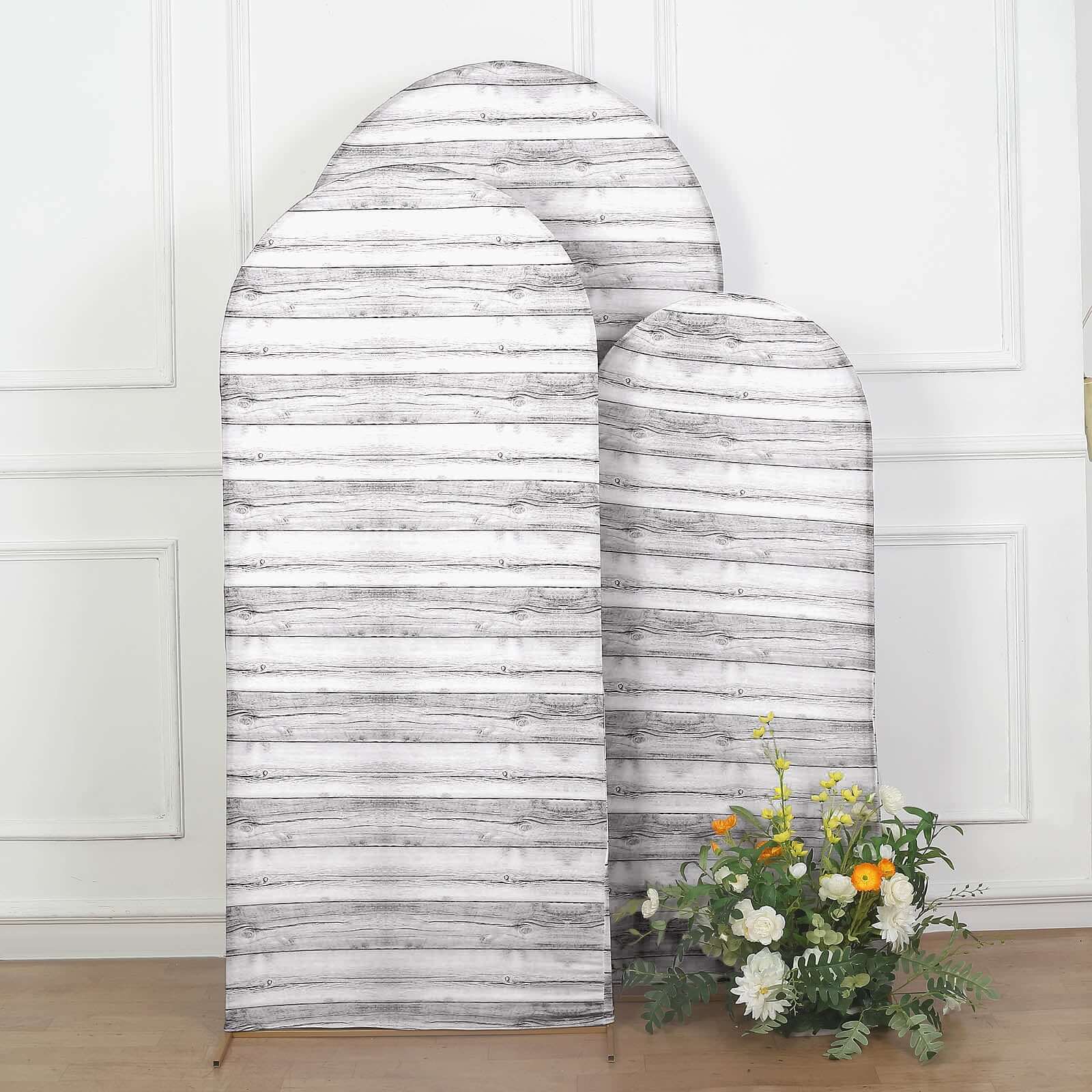 Special Offer! Set of 3 White Rustic Wood Pattern Spandex Covers for Round Top Chiara Wedding Arch Backdrops - 5ft, 6ft, 7ft