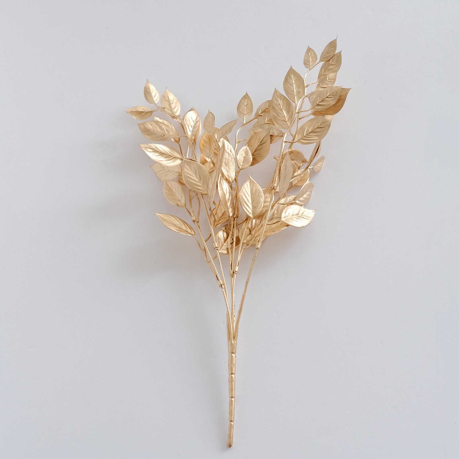 4-Piece Metallic Gold Artificial Italian Ruscus Leaf Branches for Stunning Tablescapes and Floral Decor