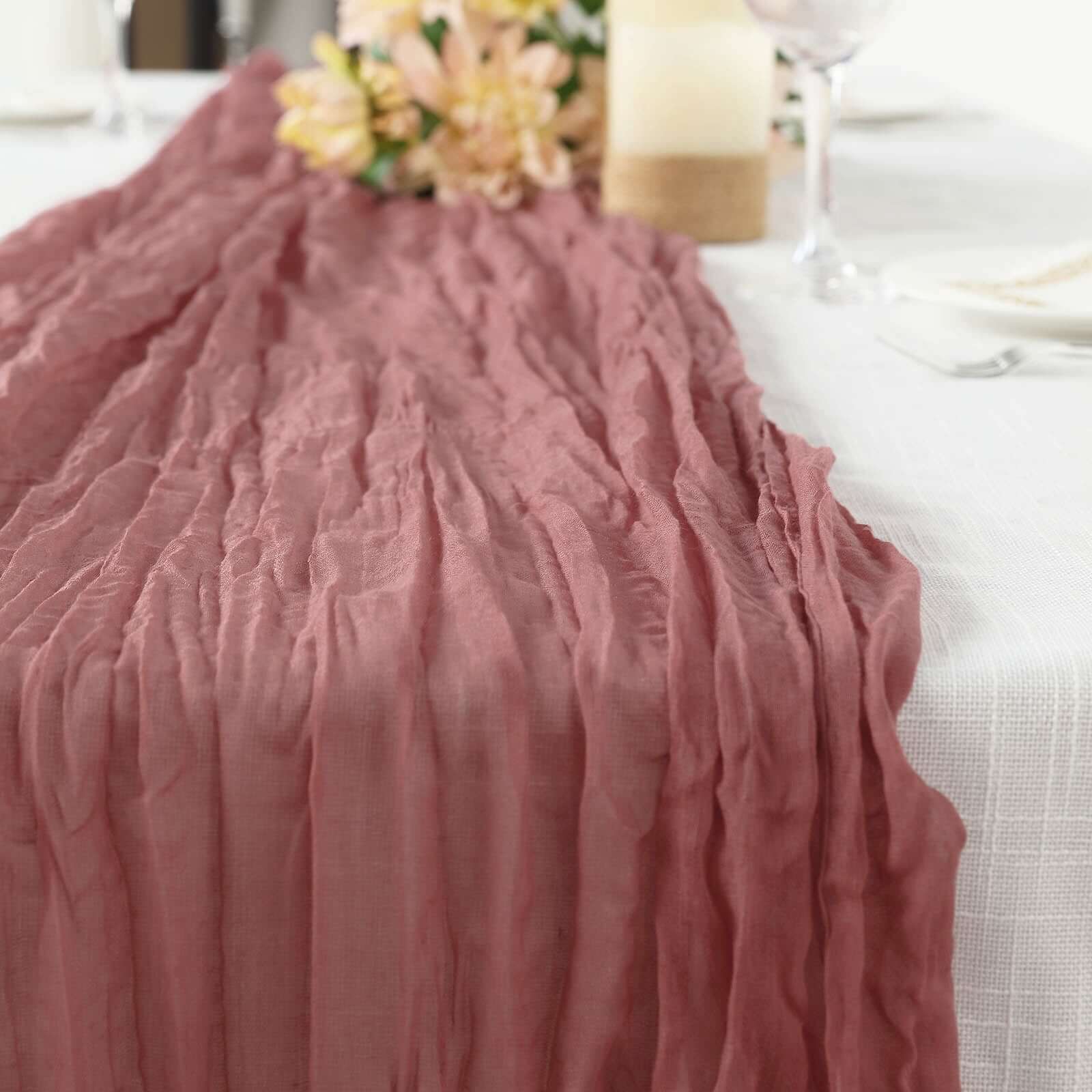 10ft Rustic Boho Style Gauze Cheesecloth Table Runner in Mauve & Cinnamon Rose