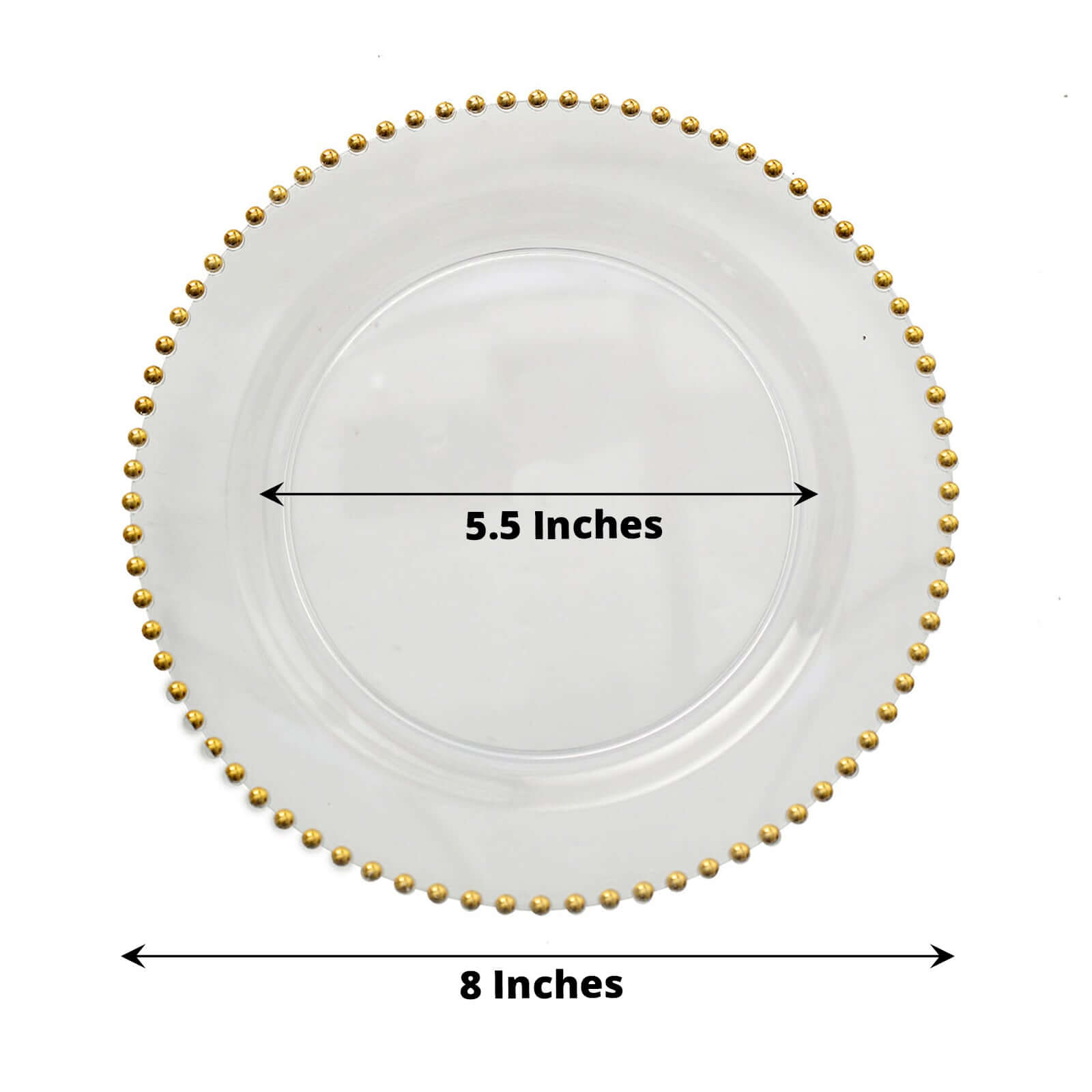 10-Piece Set of Disposable Clear Plastic Round Dessert Plates with Gold Beaded Rim for Parties & Events