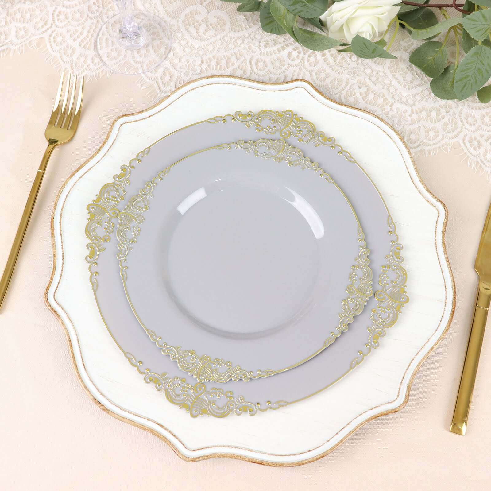 10-Pack Disposable Gray Plastic Round Dessert Plates with Gold Leaf Embossed Rim, Baroque Style