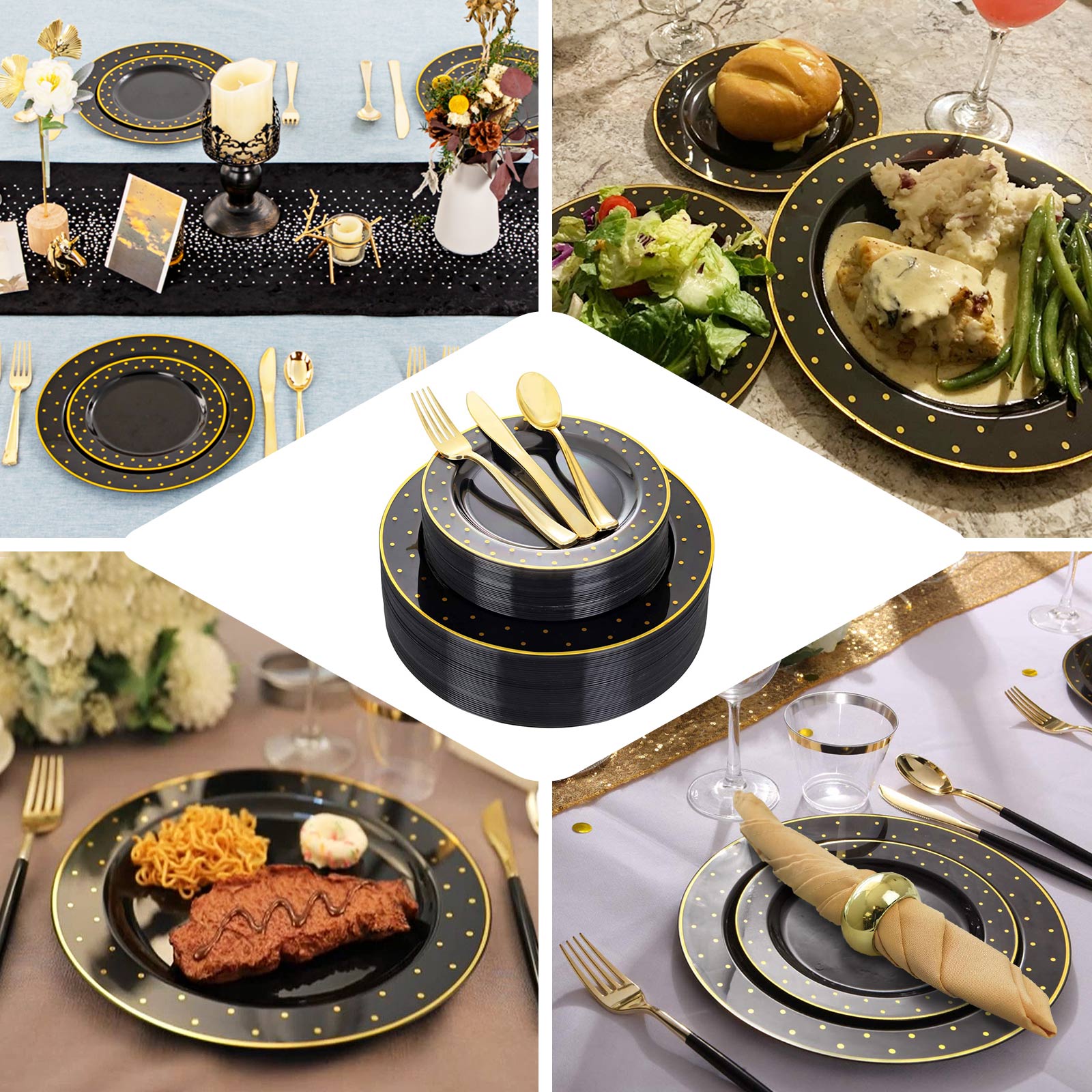 10-Pack Black Plastic Dinner Plates with Gold Dot Rim, Disposable and Sturdy