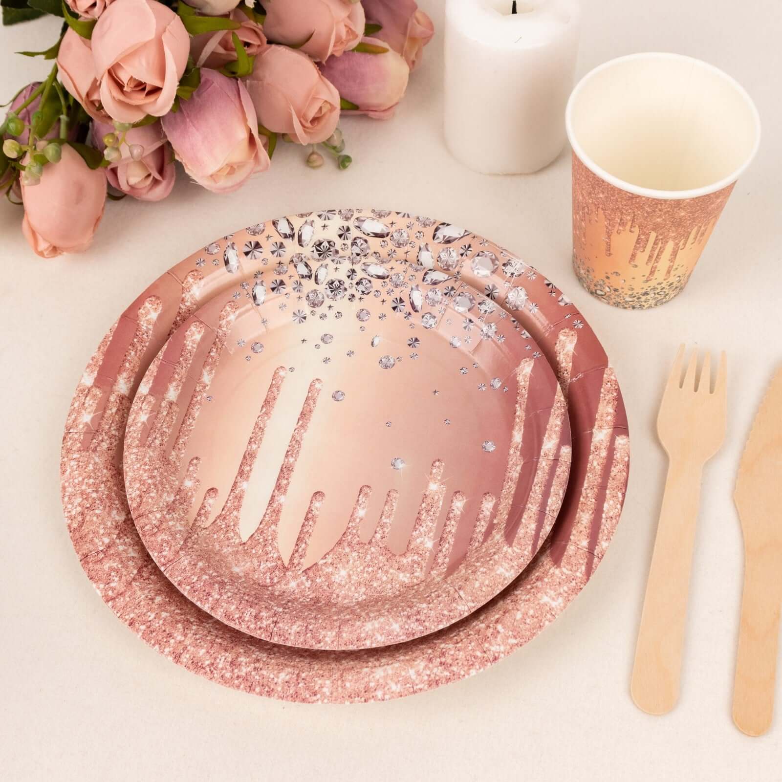 Hot Sale! 72-Piece Disposable Paper Dinnerware Set in Rose Gold with Diamond Glitter Drip Pattern