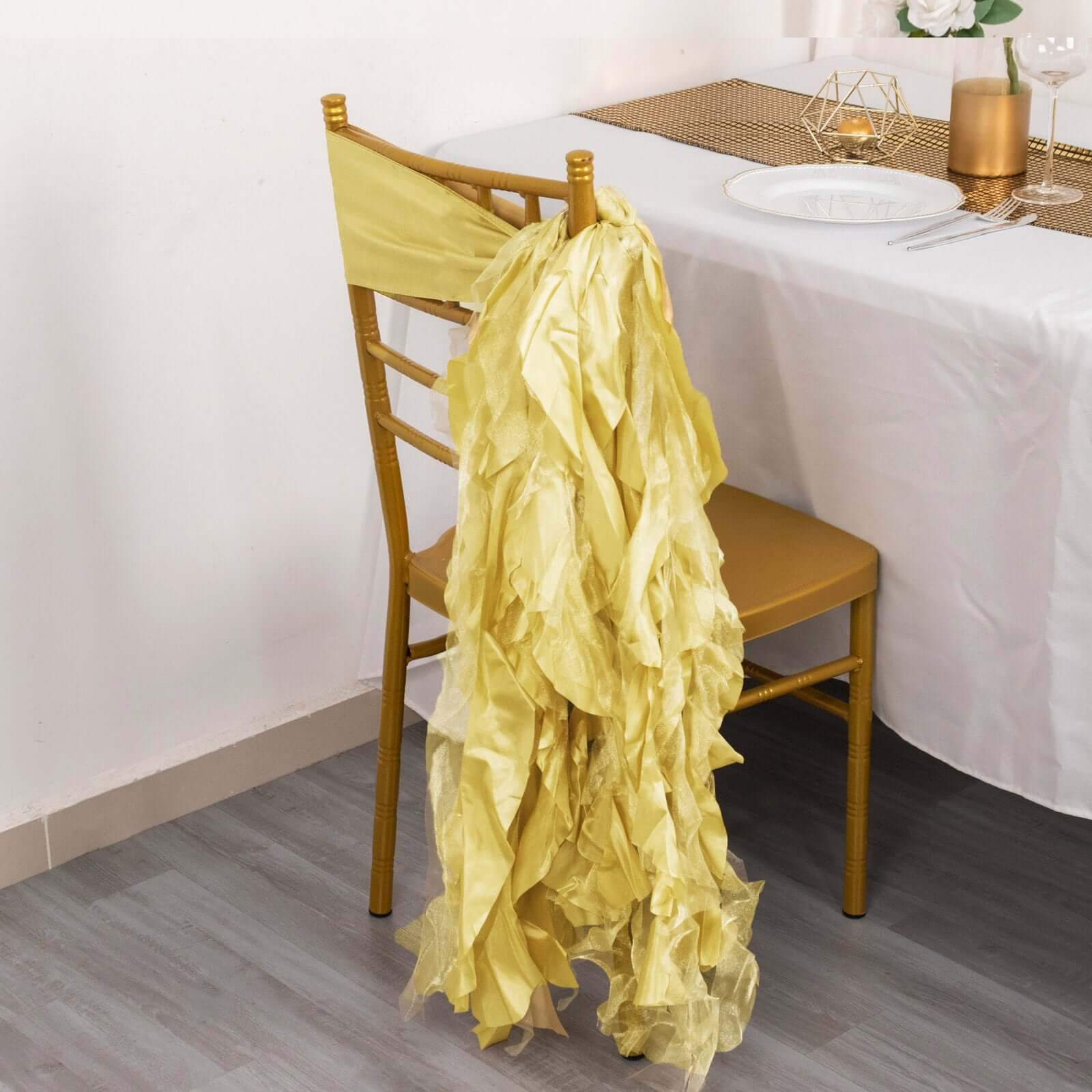 Hot Deal! 5-Piece Champagne Chiffon Satin Chair Sashes with Curly Willow Style