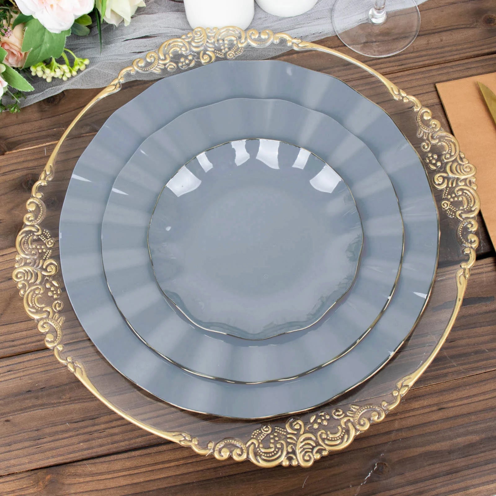 10-Piece Set of Sturdy Disposable 9-Inch Round Dusty Blue Dinner Plates with Gold Ruffled Edging