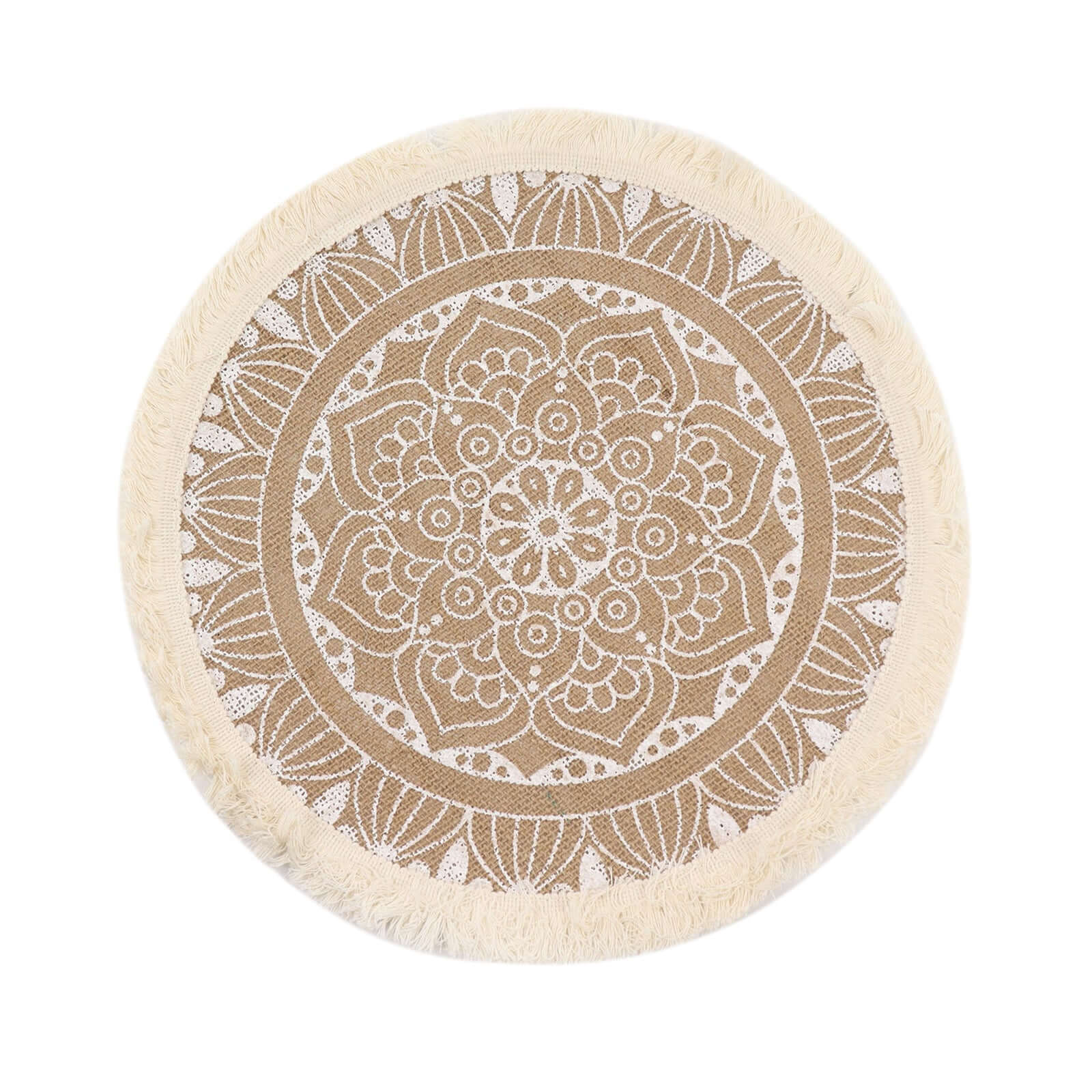 Hot Deal! 4-Pack Round Mandala Print Jute Placemats with Fringe and Tassel Design, Natural and White