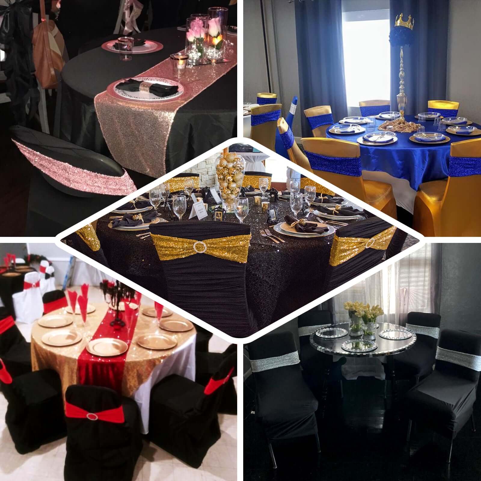 5-Piece Royal Blue Metallic Shimmer Tinsel Spandex Durable Reusable Chair Sashes