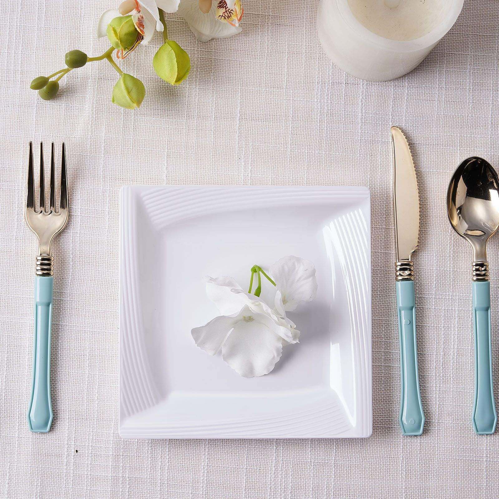 10-Pack White Disposable Plastic Square Dessert and Salad Plates with Geometric Ridge Trim for Stylish Events