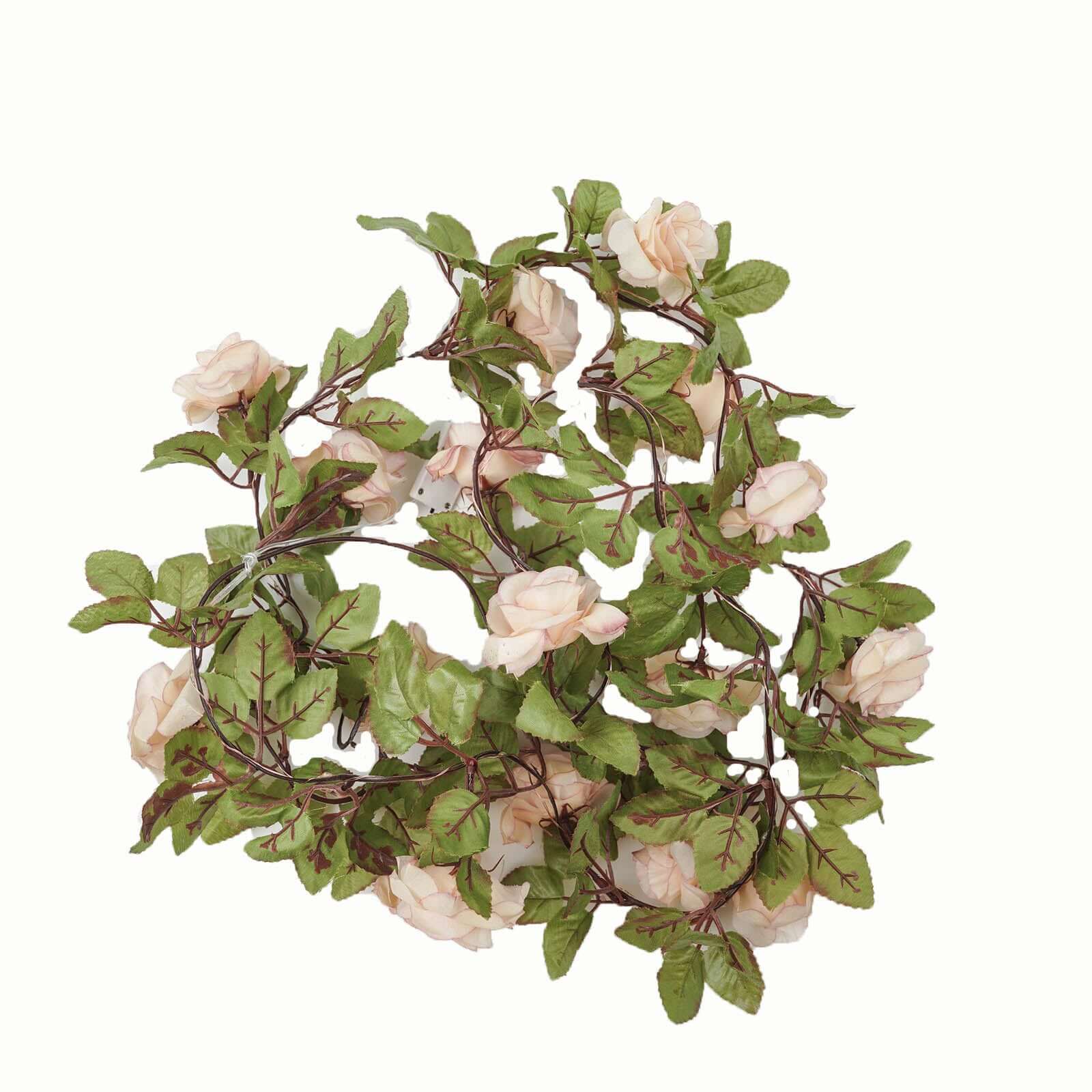 7ft LED Blush Silk Rose Garland with Warm White Battery - Operated Lights, Perfect for Decor