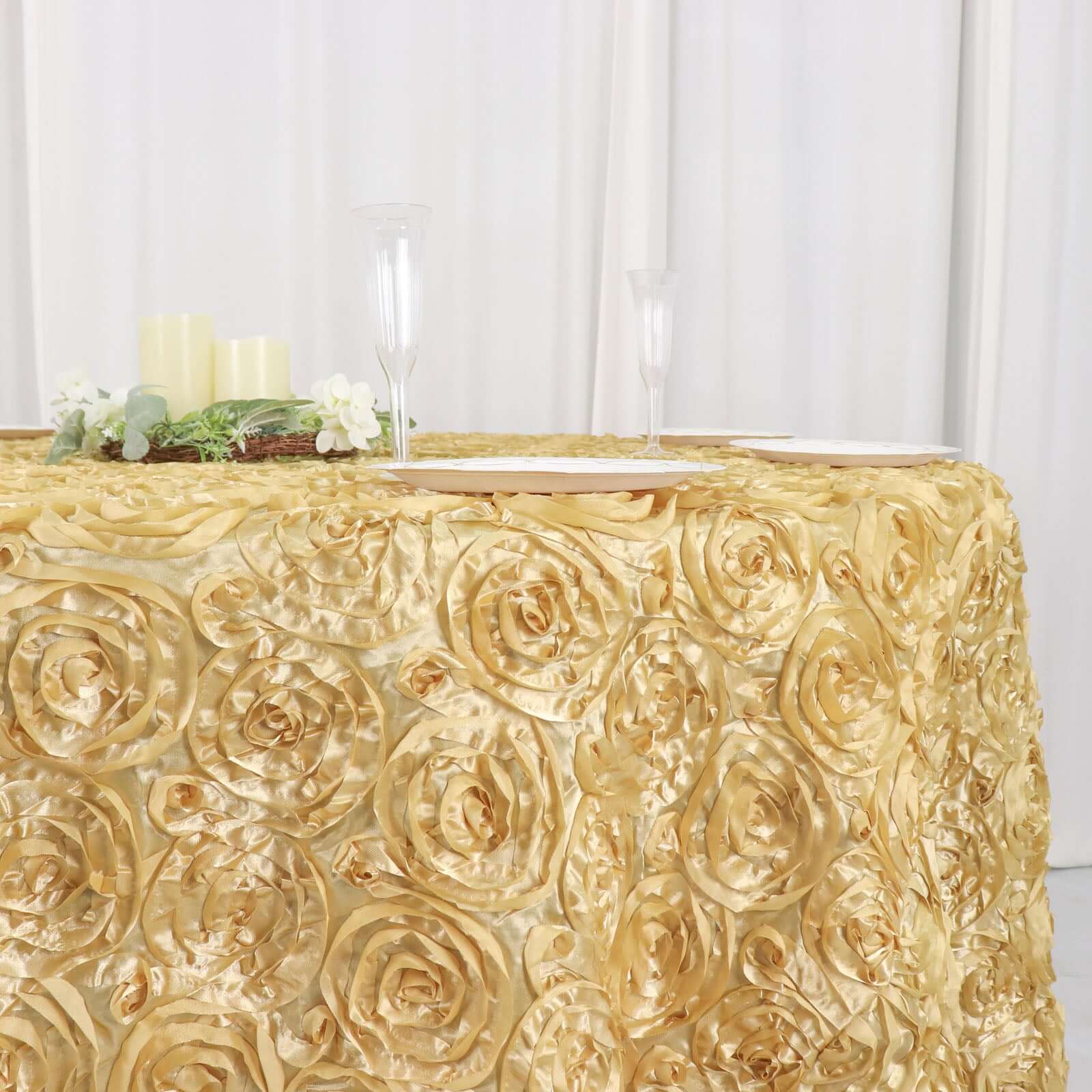 Champagne Satin 120-Inch Round Tablecloth with Stunning 3D Rosette and Seamless Finish