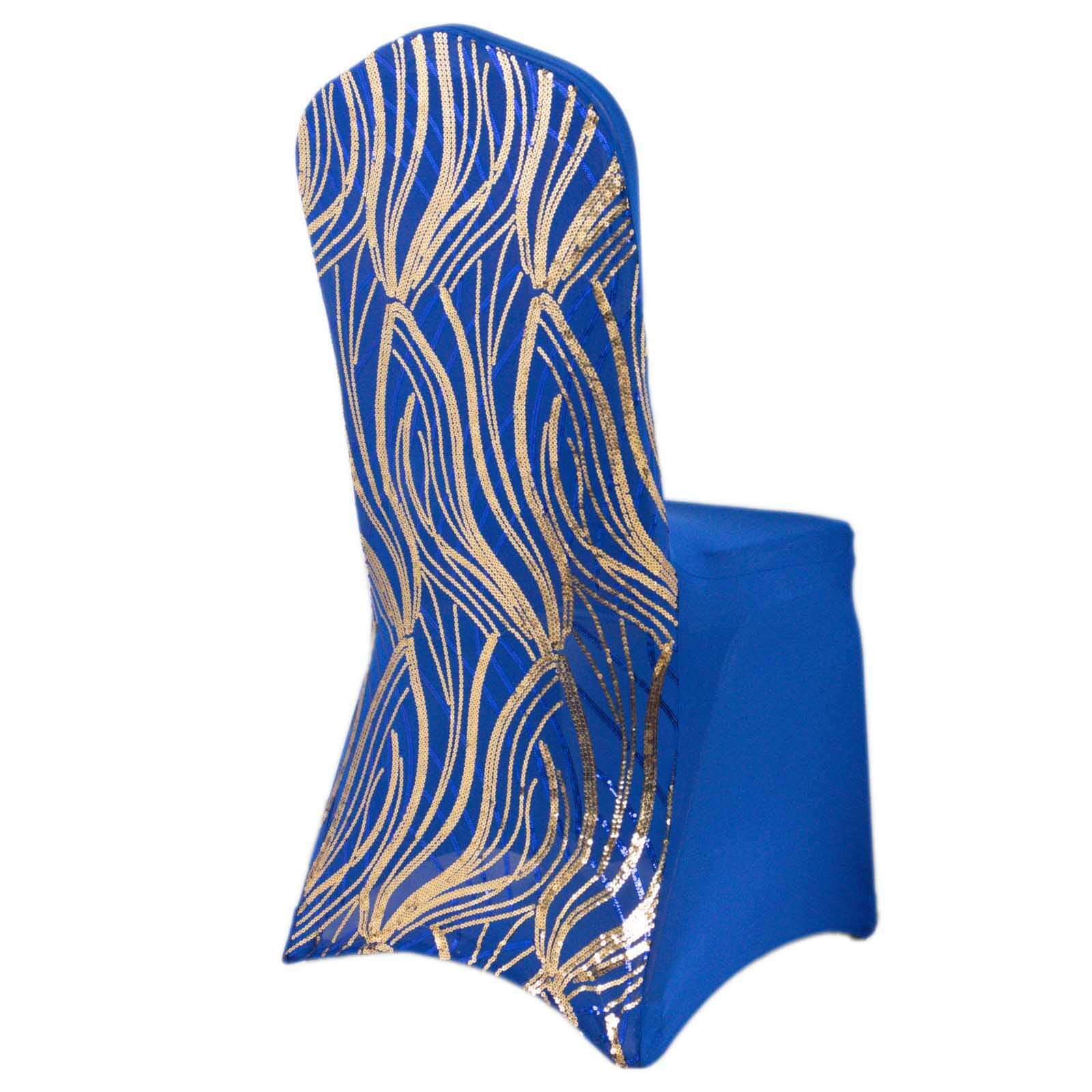 Royal Blue and Gold Spandex Banquet Chair Cover with Wave - Embroidered Glittering Sequins