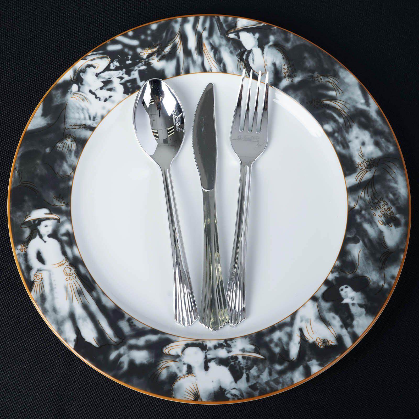 Hot Deal! 12-Pack 11.5-Inch Break-Resistant White/Black Porcelain Dinner Plates with Art Nouveau Rim, Microwave Safe