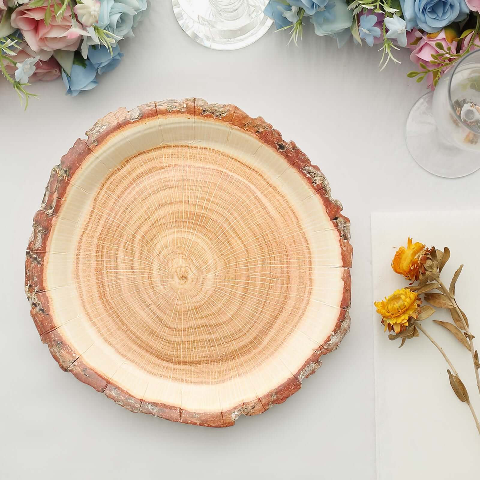 Get 25-Piece Set of Disposable Round Dinner Paper Plates with Rustic Natural Wood Slice Print