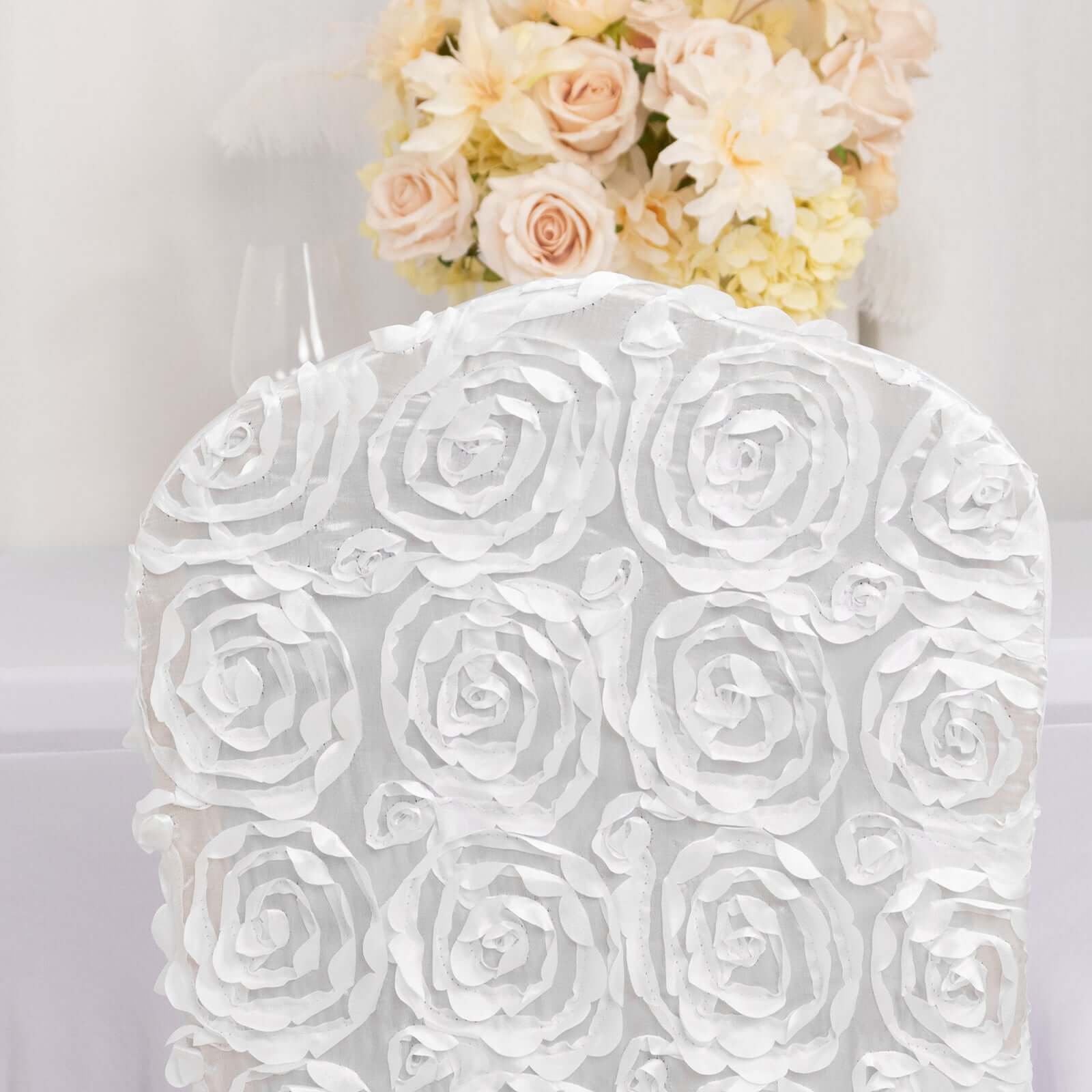 Hot Deal! White Satin Rosette Stretch Chair Covers for Banquet Chairs - Ideal for Elegant Gatherings