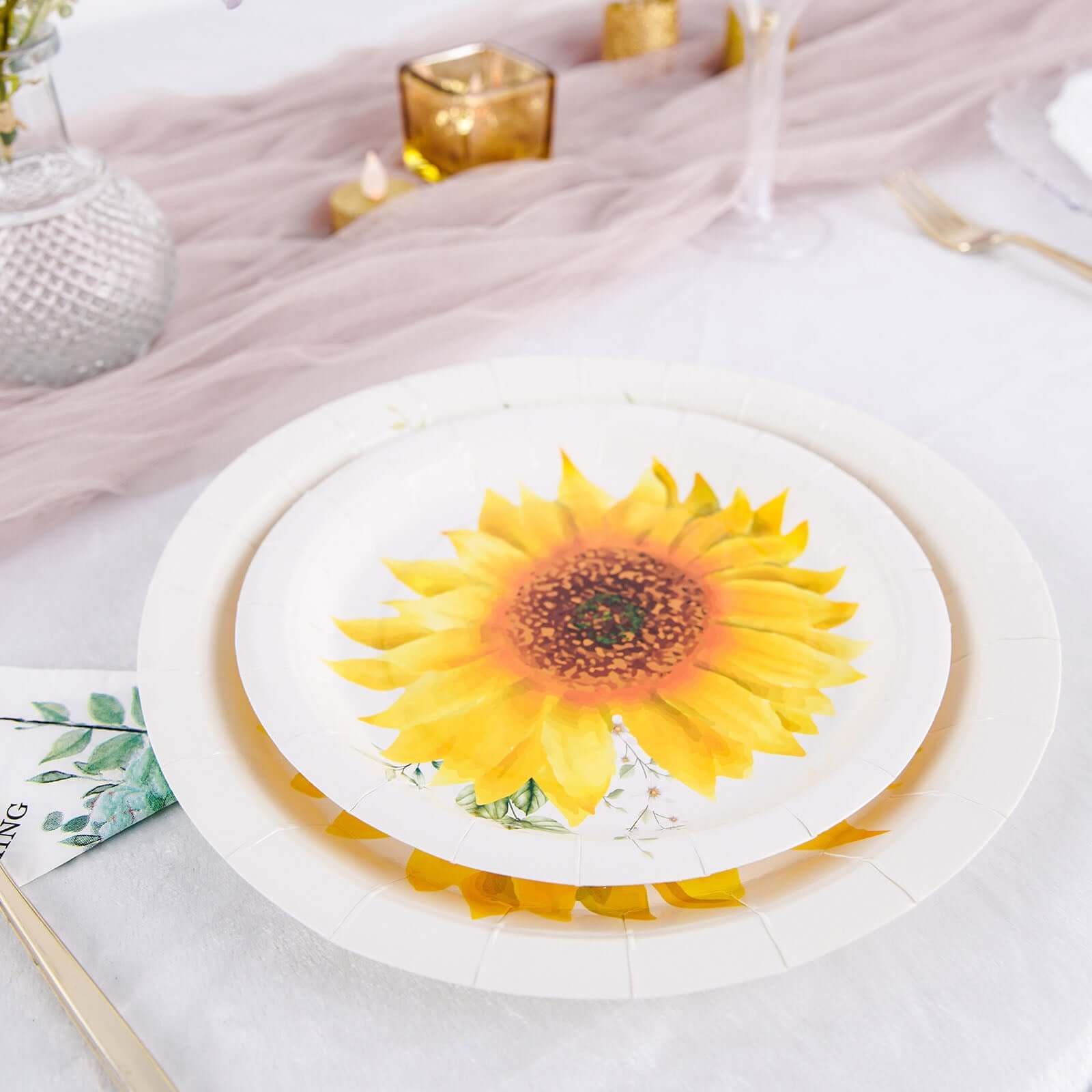 25-Pack Disposable 7-Inch Round White Paper Dessert Plates with Sunflower Design - Ideal for Rustic & Garden Events