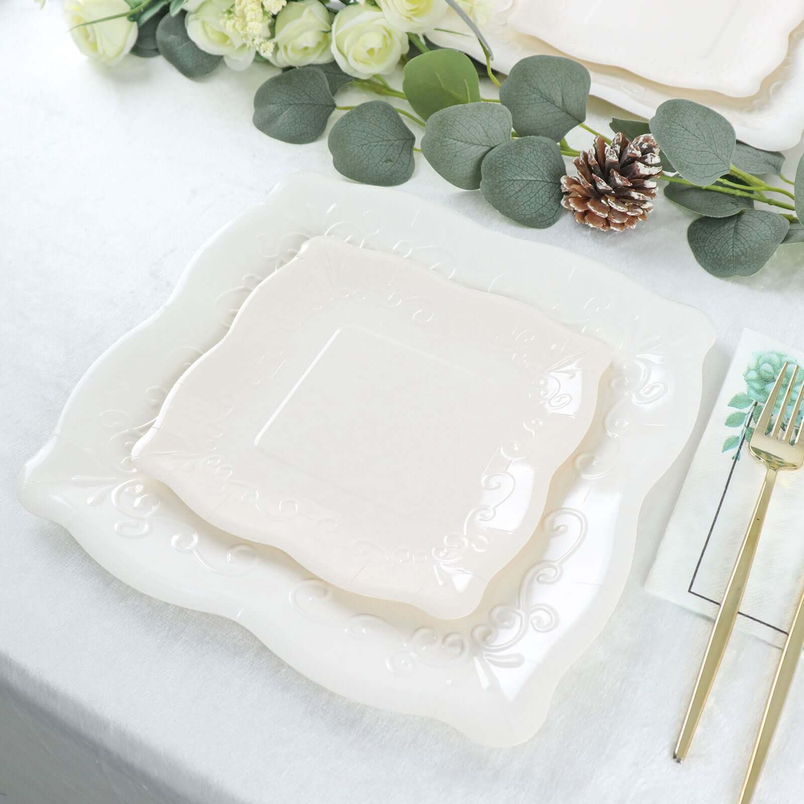 25-Pack Disposable White Square Dinner Plates with Vintage Pottery Embossed Design - Great Value!