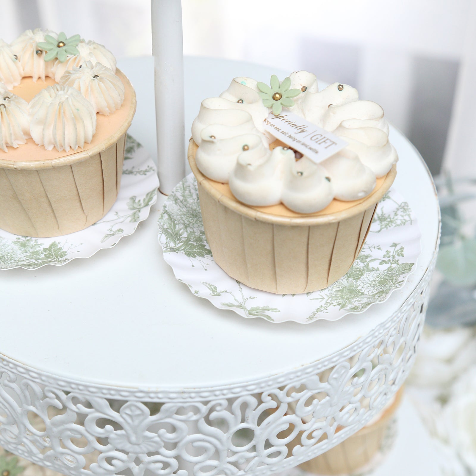100-Pack Disposable White & Sage Green French Toile Mini Round Dessert Plates for Party
