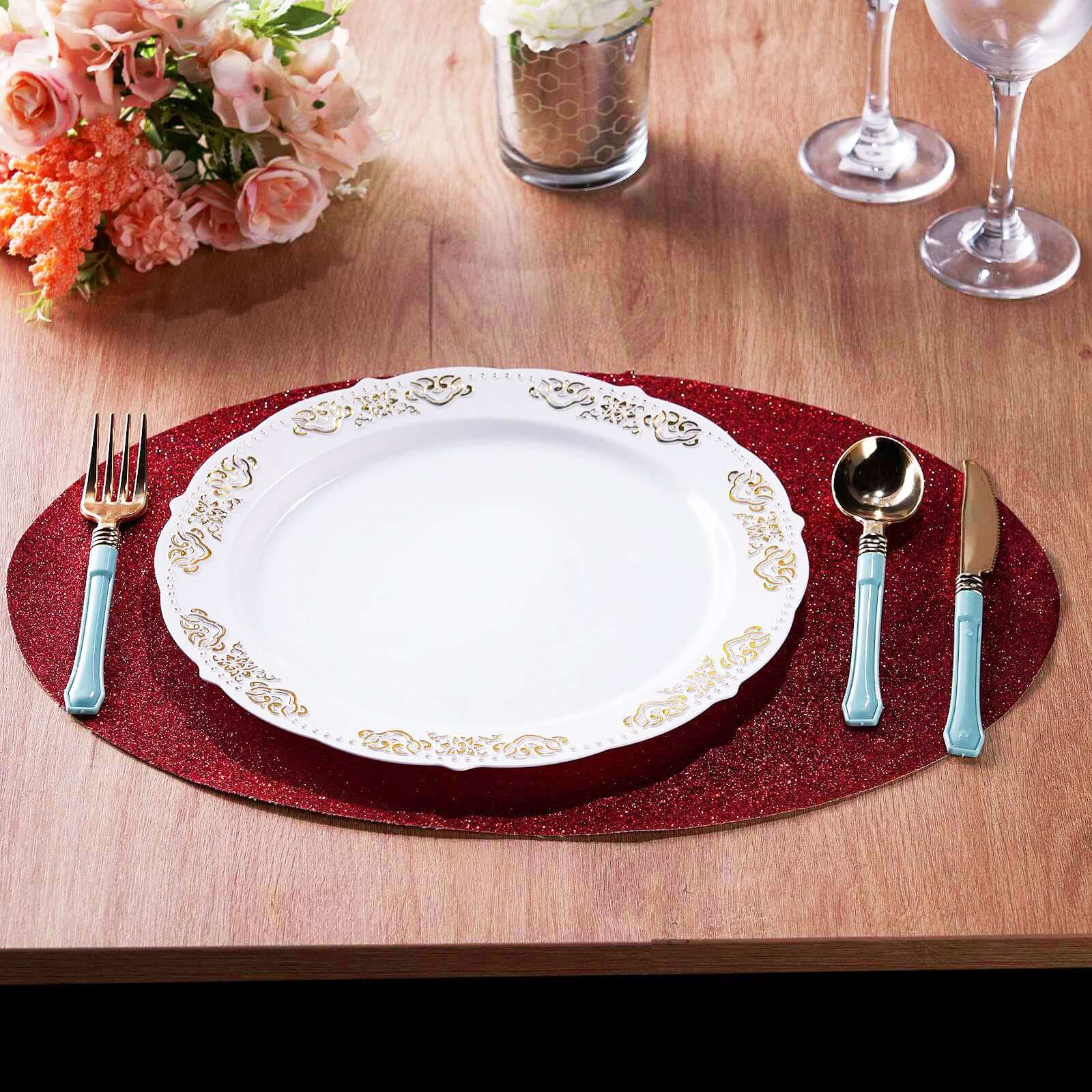Hot! 6-Pack Burgundy Glitter Oval Non-Slip Dining Placemats 12x18