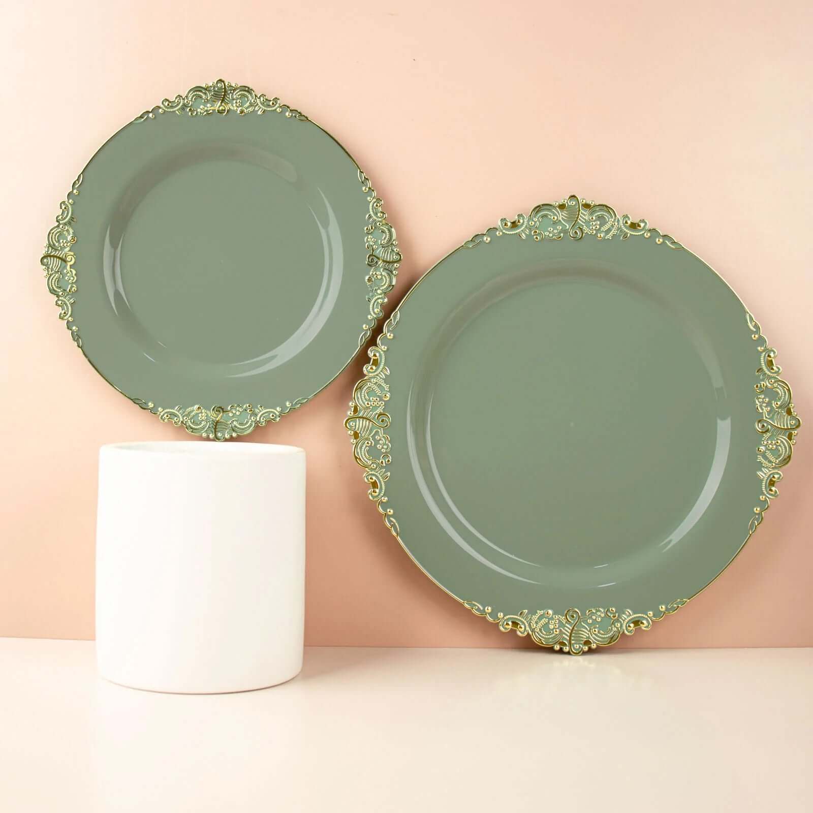 10-Pack Disposable Round Plastic Dinner Plates in Dusty Sage Green with Gold Leaf Embossed Rim - Vintage Baroque Style