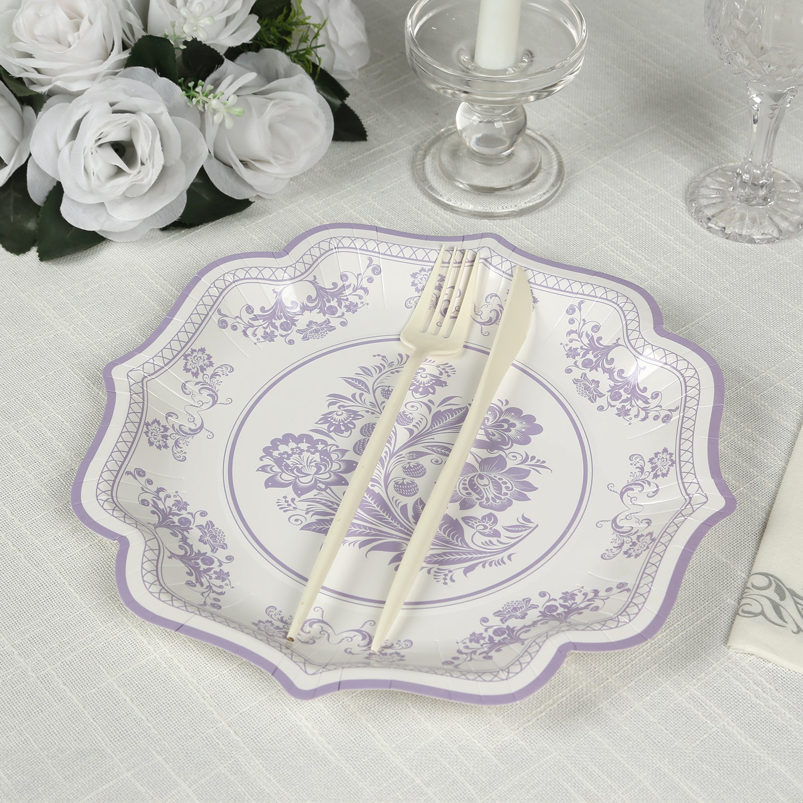 Hot Deal! 25-Pack White & Lavender Lilac Damask Floral Scallop Rim Disposable Paper Dessert Plates (8.5')