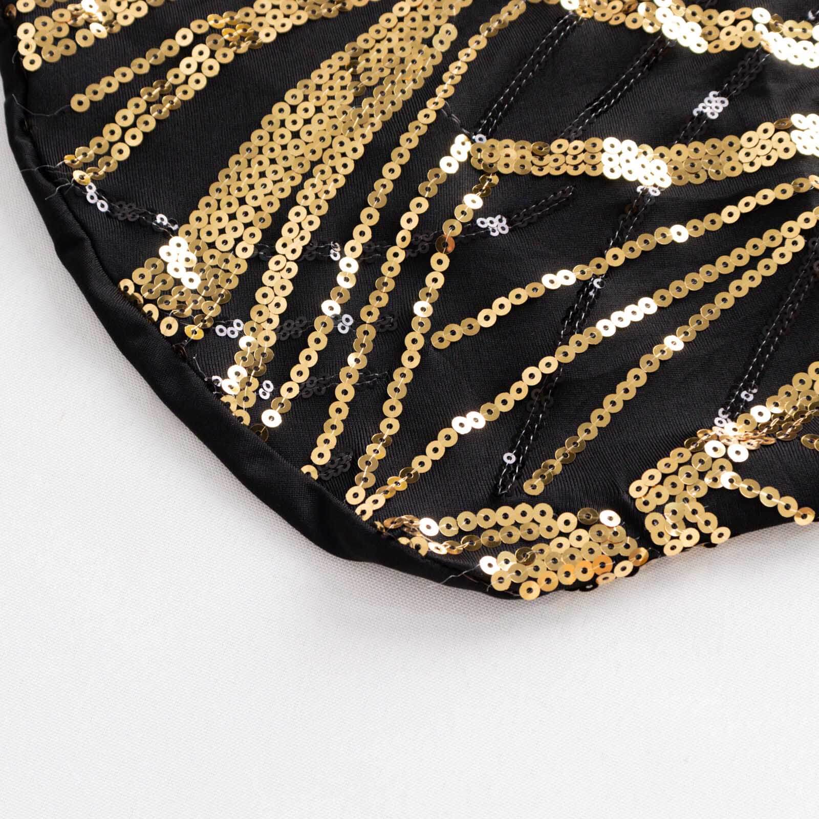 Sparkling Black/Gold Spandex Banquet Chair Cover with Wave Embroidered Sequins - Fitted Stretch Slipcover