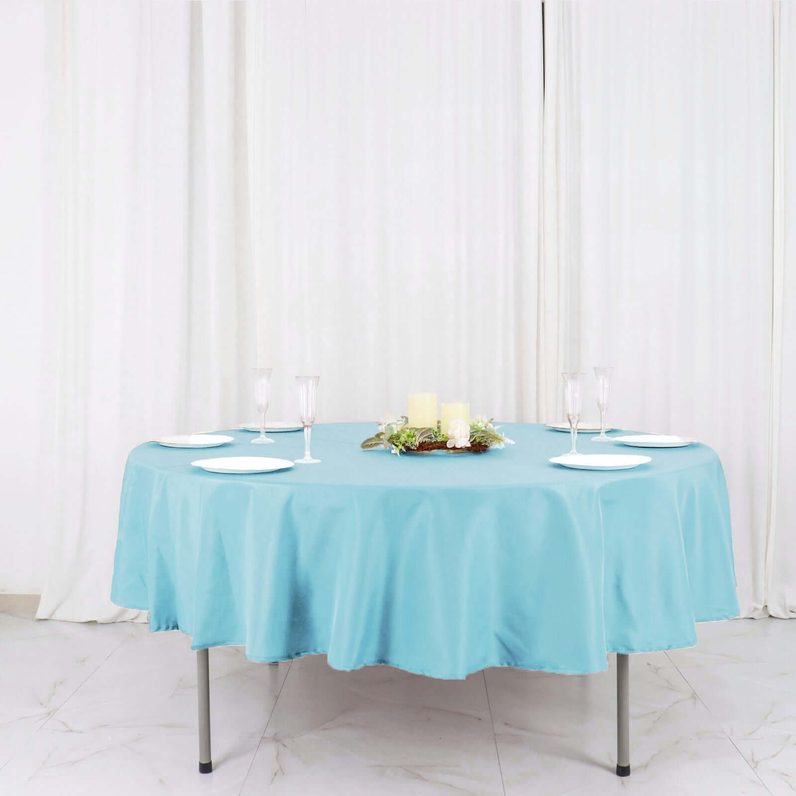Get This Light Blue 90-Inch Round Polyester Tablecloth - Stain & Wrinkle Free!