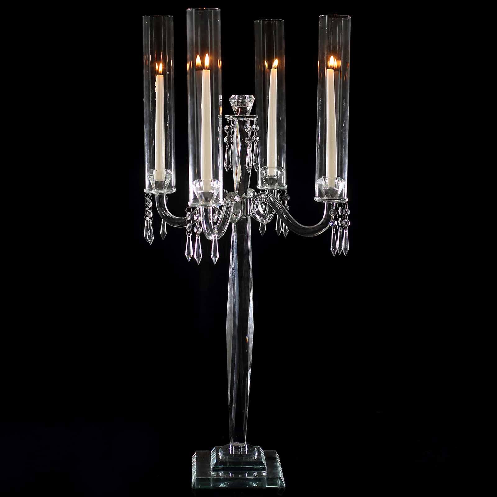 36-Inch 4-Arm Decorative Crystal Glass Taper Candle Holder Candelabra with Chandelier Chains