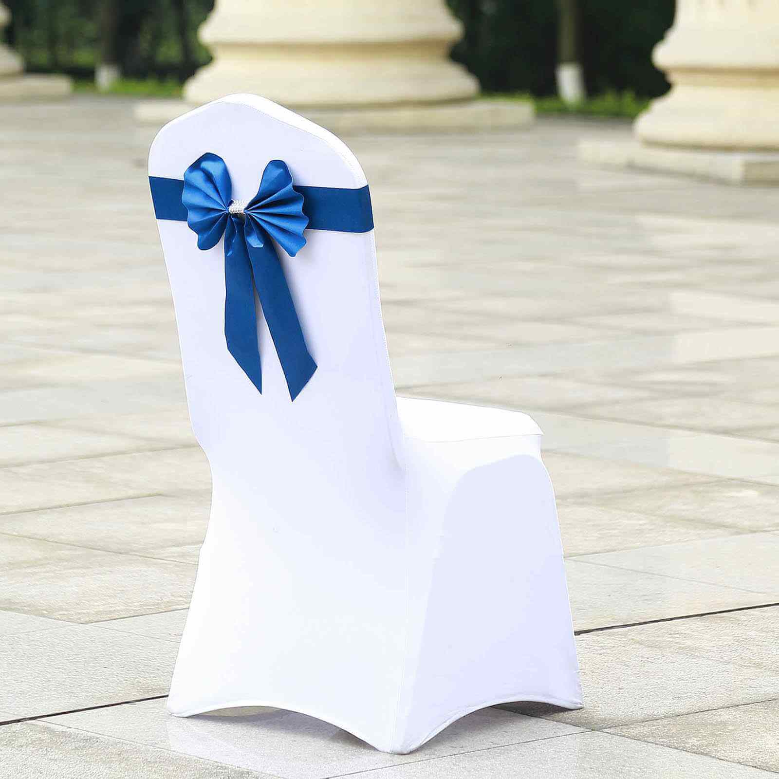 Hot Deal! 5-Pack Royal Blue Satin Faux Leather Chair Sashes with Diamond Rhinestone Buckles