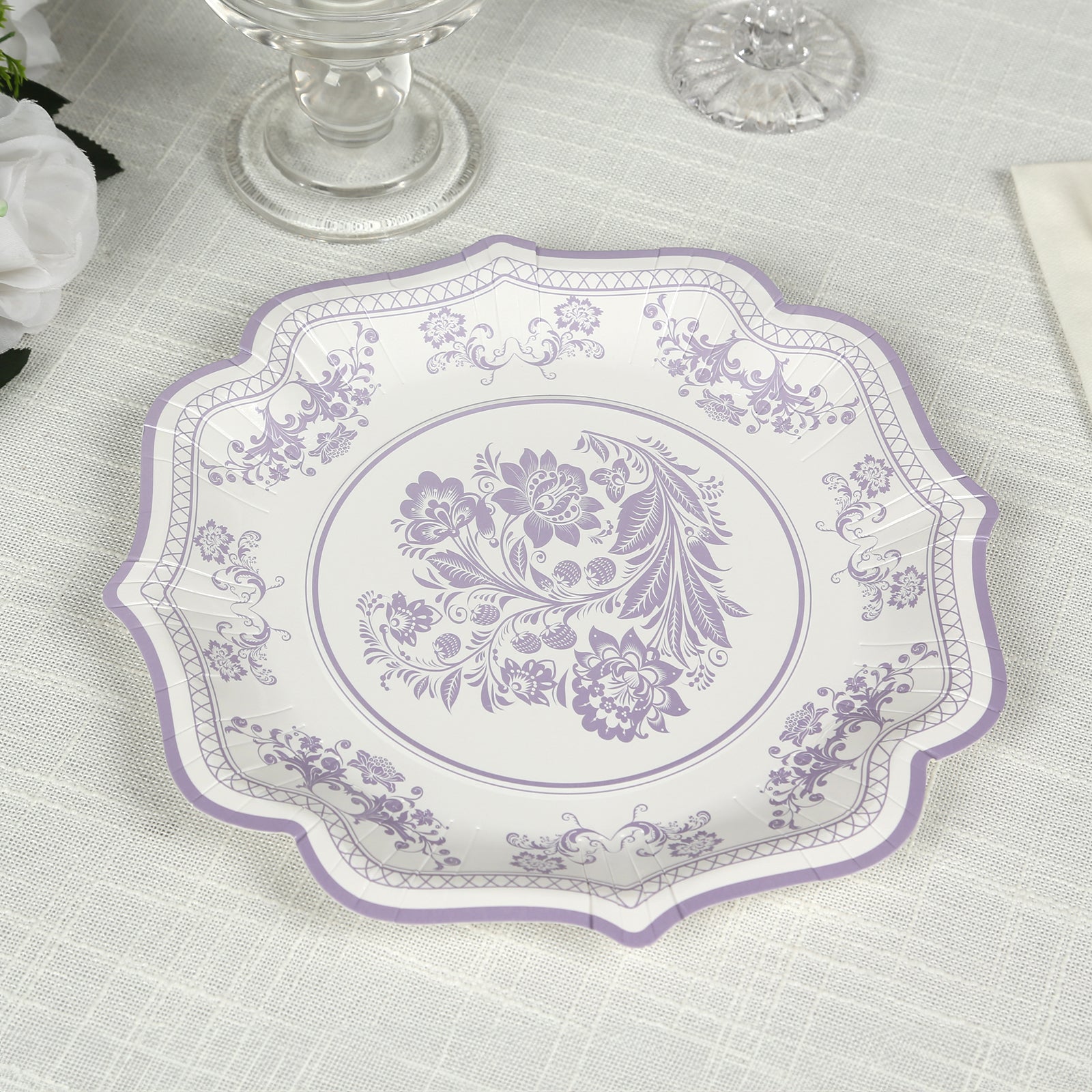 Hot Deal! 25-Pack White & Lavender Lilac Damask Floral Scallop Rim Disposable Paper Dessert Plates (8.5')