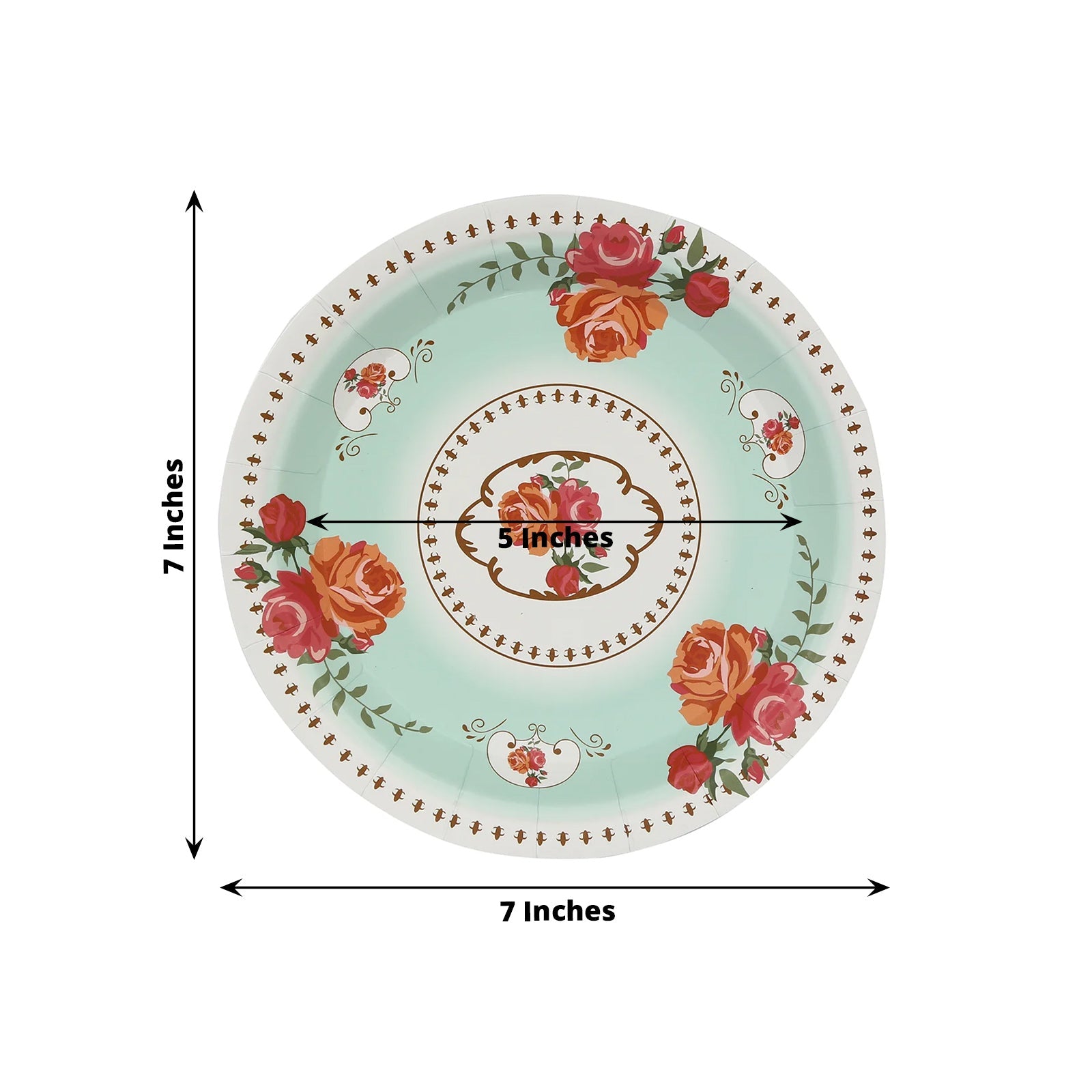 25-Pack 7-Inch Turquoise Vintage Rose Print Disposable Dessert Plates - Ideal for Events