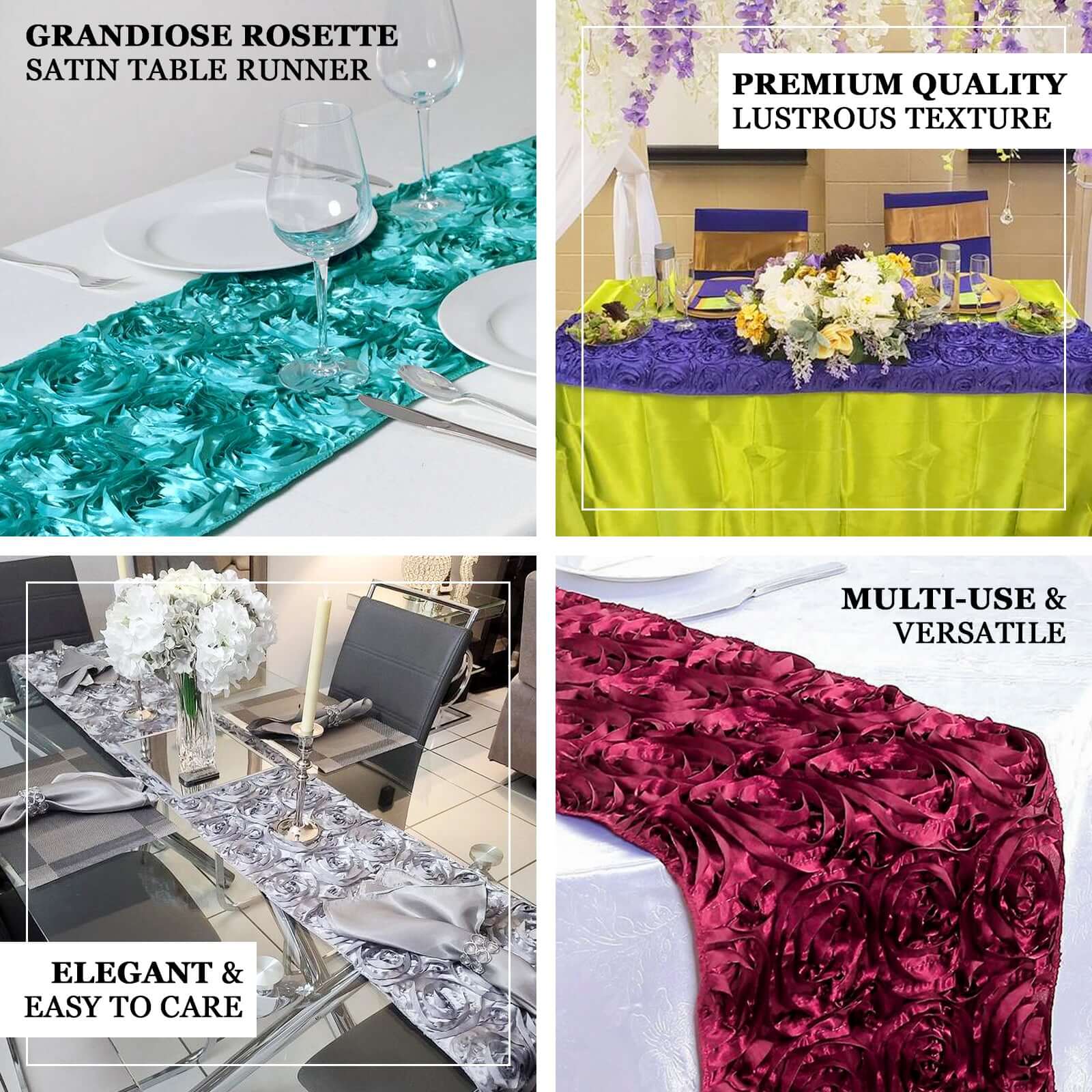 Hot Deal! Red 14x108 Rosette Satin Table Runner with Grandiose 3D Design