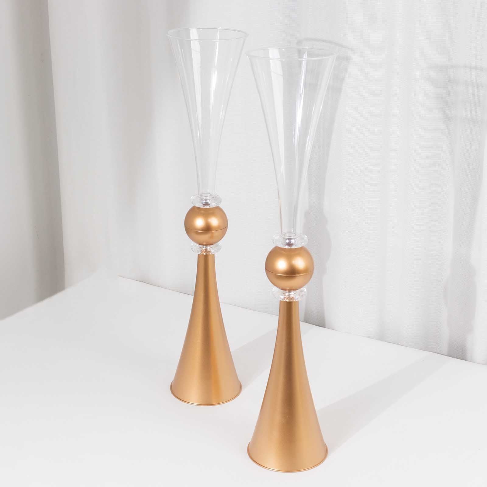 Hot Deal! 2-Pack Reversible Plastic Trumpet Flower Vases with Crystal Embellishments in Clear and Gold for Events
