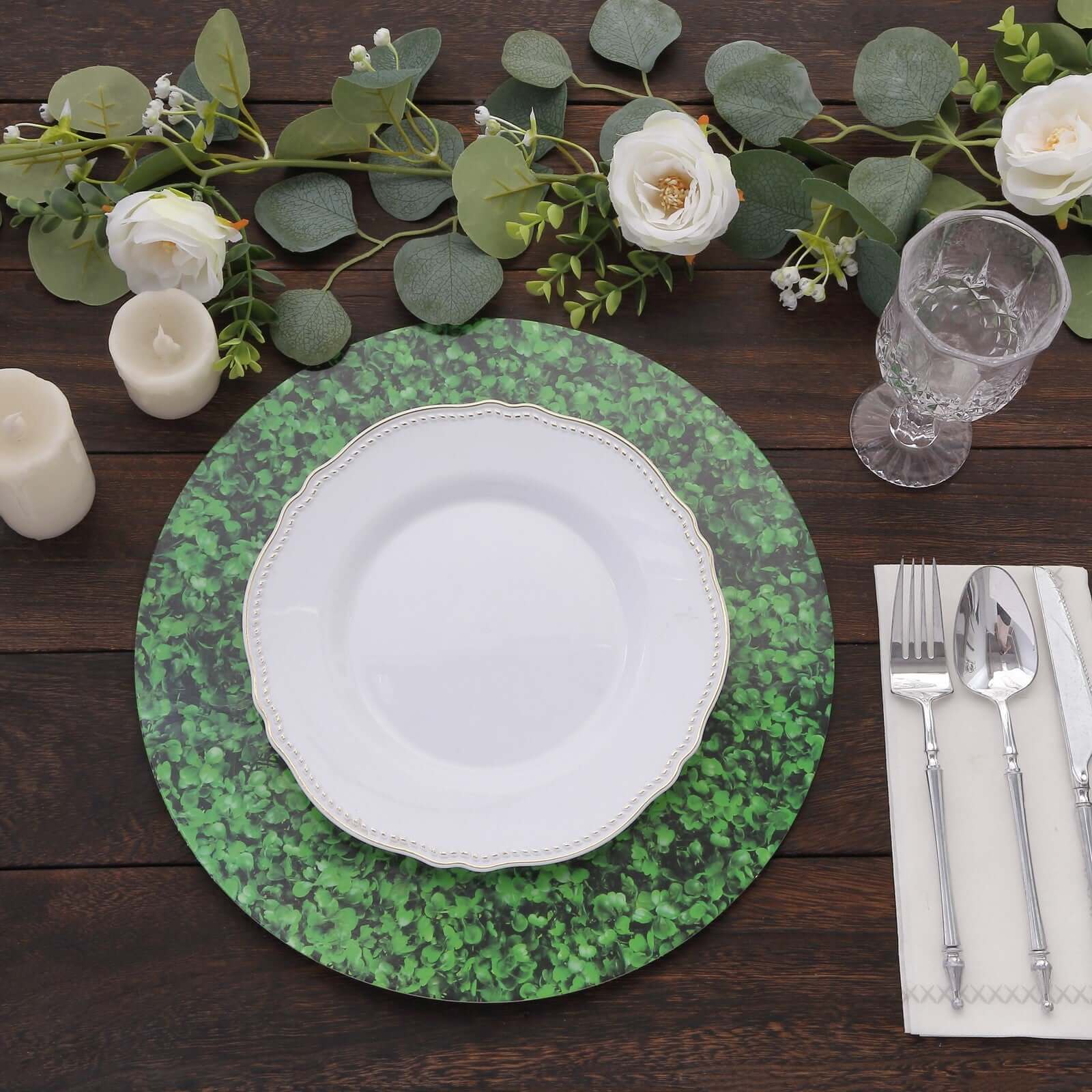 6-Piece Set of Disposable Round Table Placemats in Green Boxwood Leaf Design, 700GSM, 13-Inch