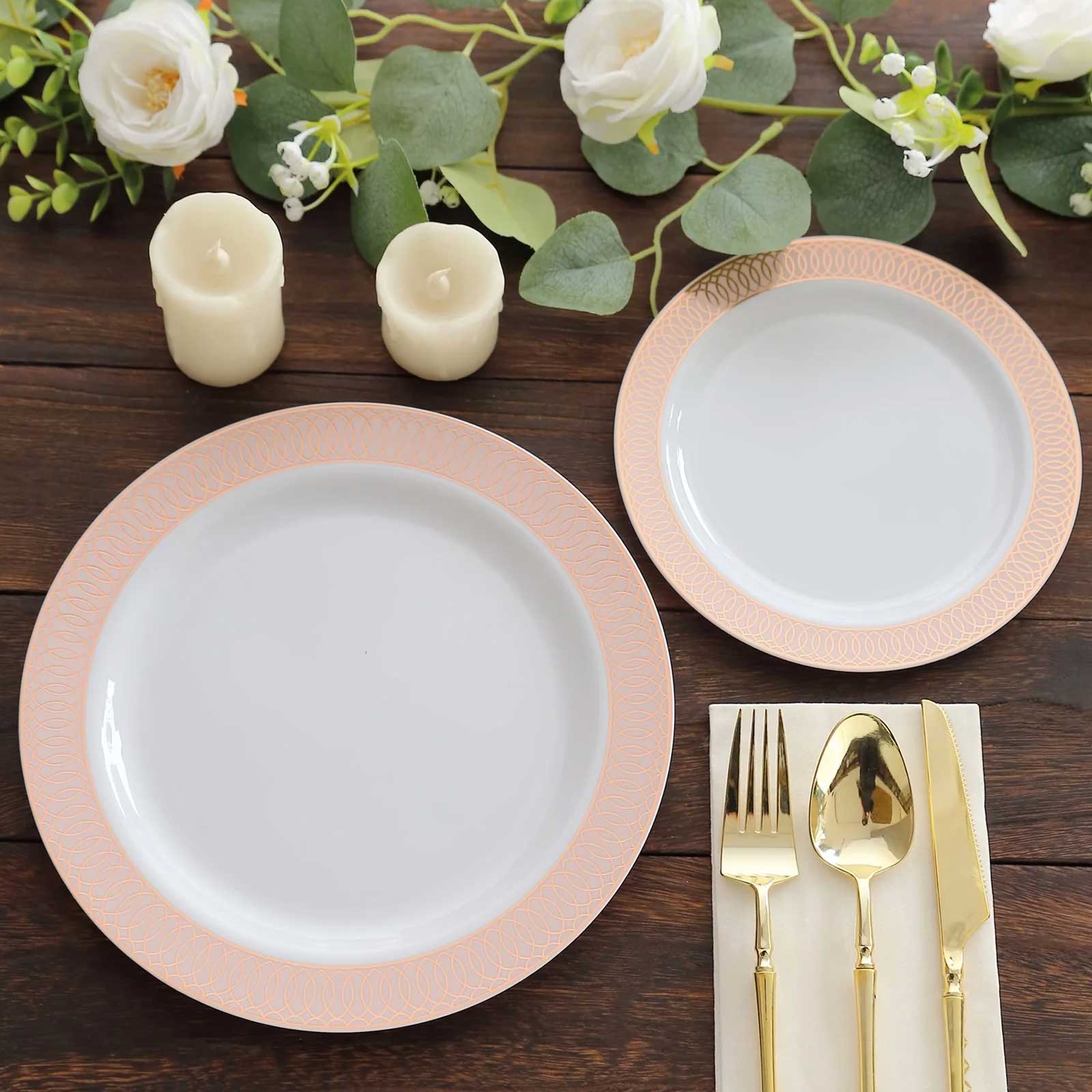10-Piece Set of White Plastic Round Dinner Plates with Blush Rose Gold Spiral Rim for Parties