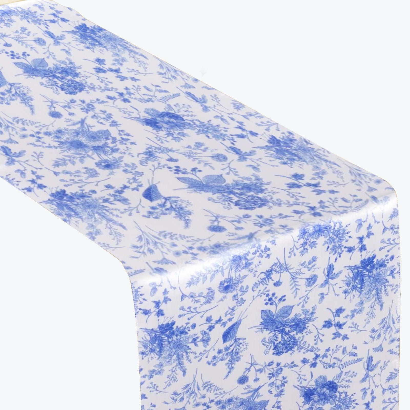 Get This Stunning White & Blue French Toile Floral Satin Table Runner for Upscale Events