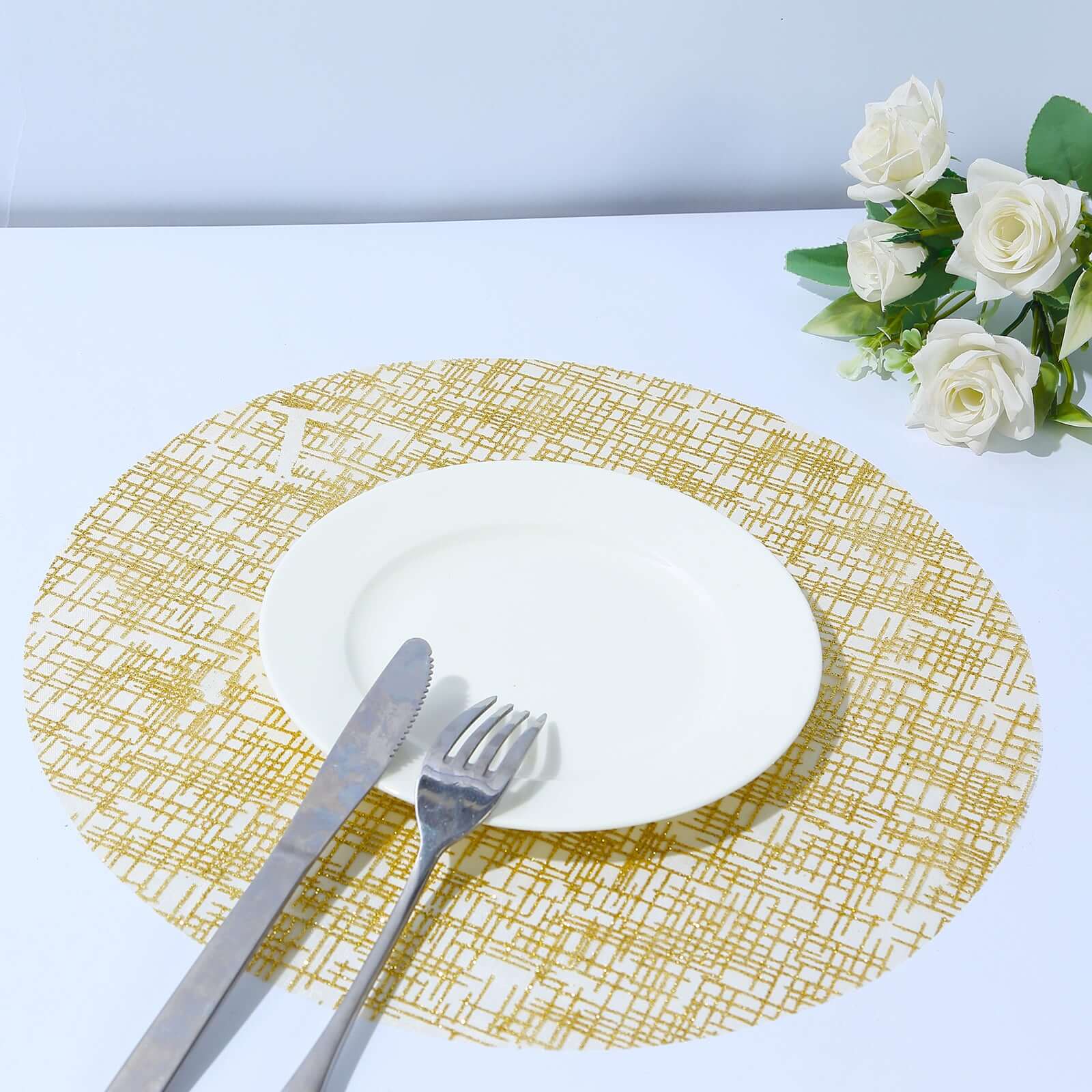 Hot Deal! 10-Pack Disposable Metallic Gold Round Table Placemats with Glitter Mesh Polyester Design