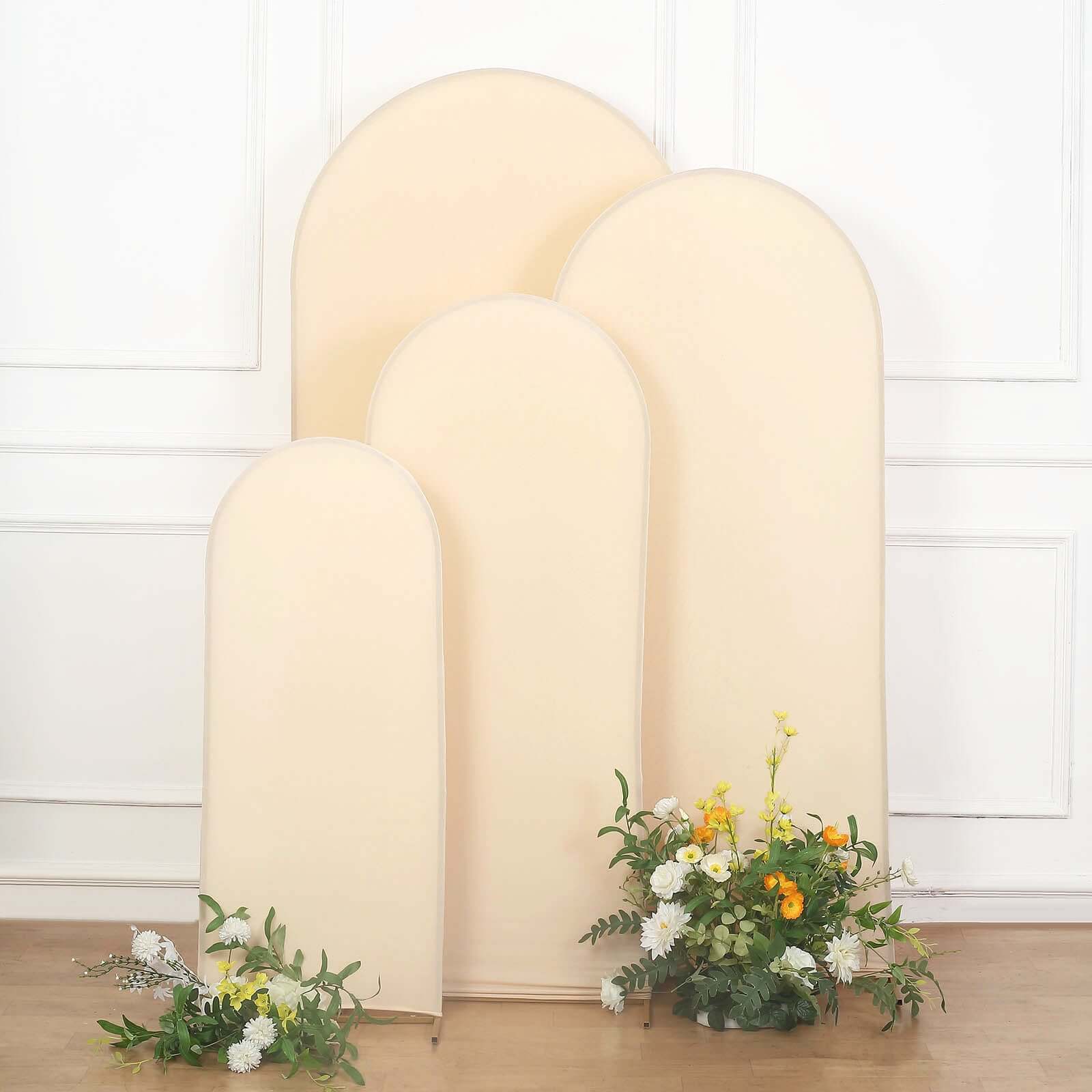 Hot Sale! Set of 4 Matte Beige Spandex Fitted Covers for Round Top Chiara Wedding Arch Stands in 4 Sizes