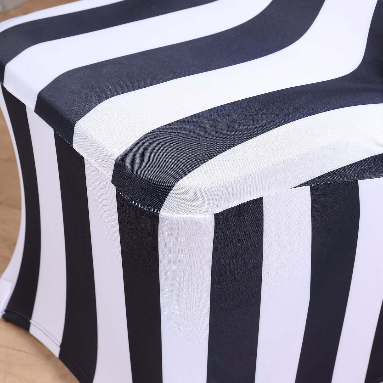 Black/White Vertical Striped 160GSM Stretch Spandex Slipcover for Folding Chairs with Foot Pockets