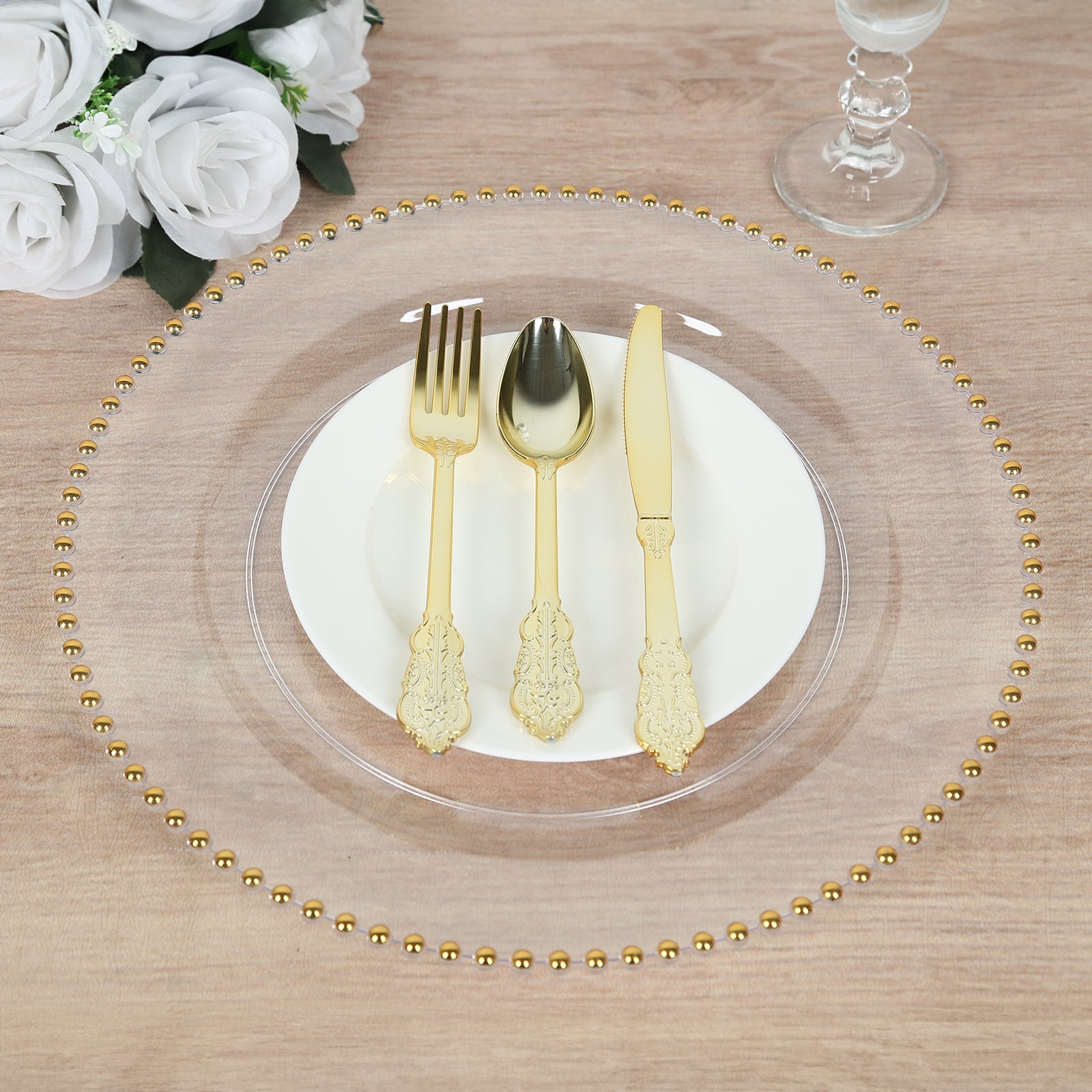 10-Piece Set of Clear 13-Inch Round Plastic Charger Plates with Gold Beaded Rim for Stylish Dinner Parties