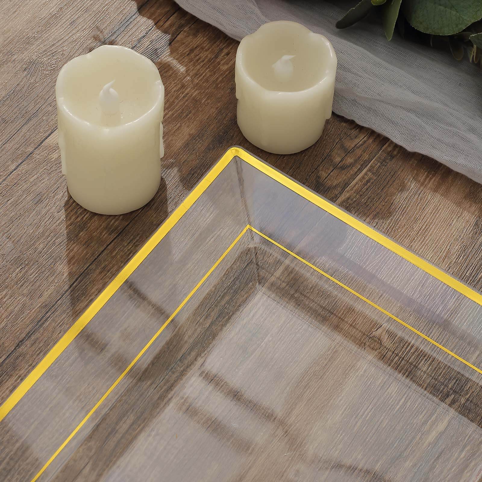 10-Pack Gold Trim Clear Square Plastic Disposable Dinner Plates for Parties