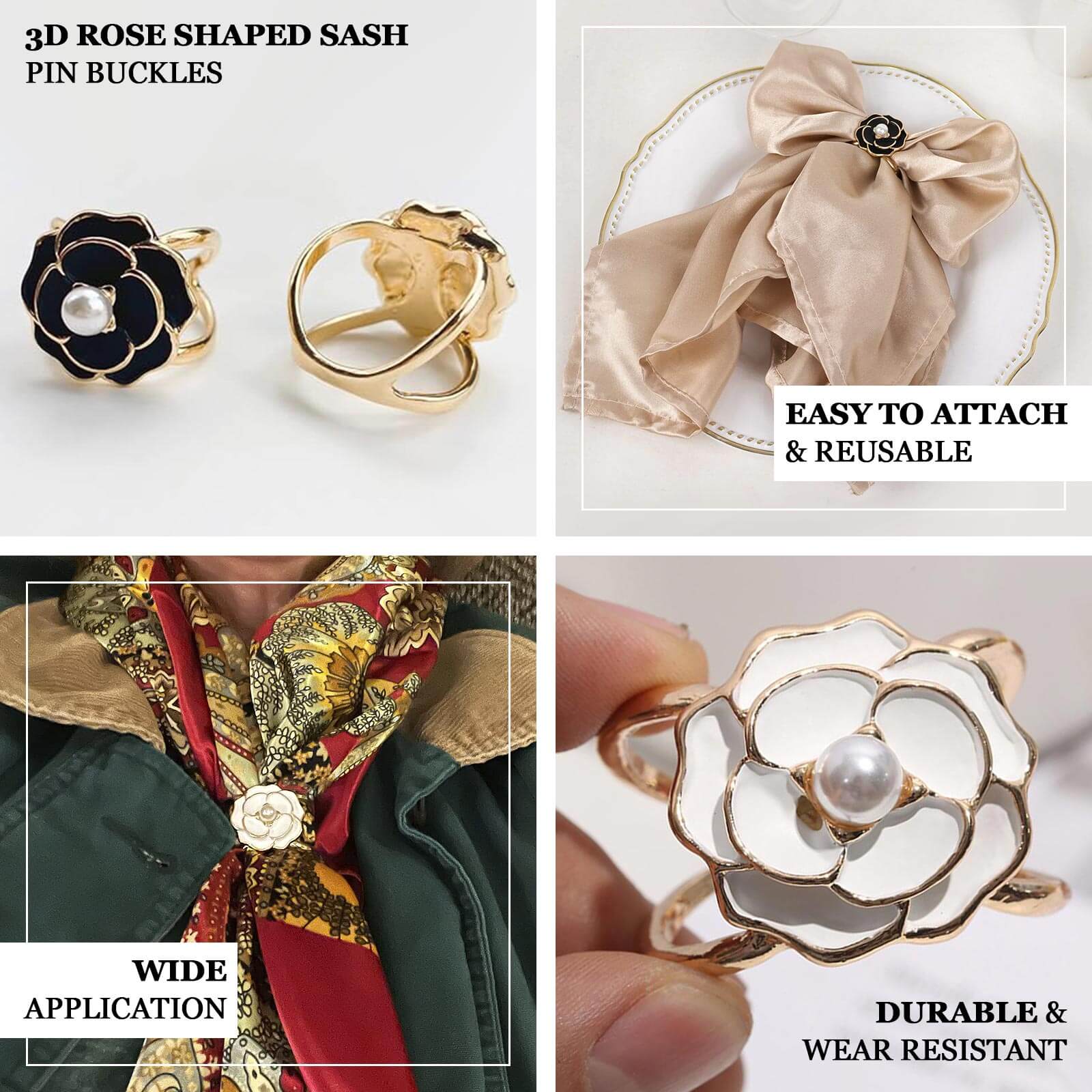 Get 10-Pack Black 3D Rose Shaped Metal Chair Sash Pin Buckles - Stylish Pearl Floral Napkin Rings with Gold Rim