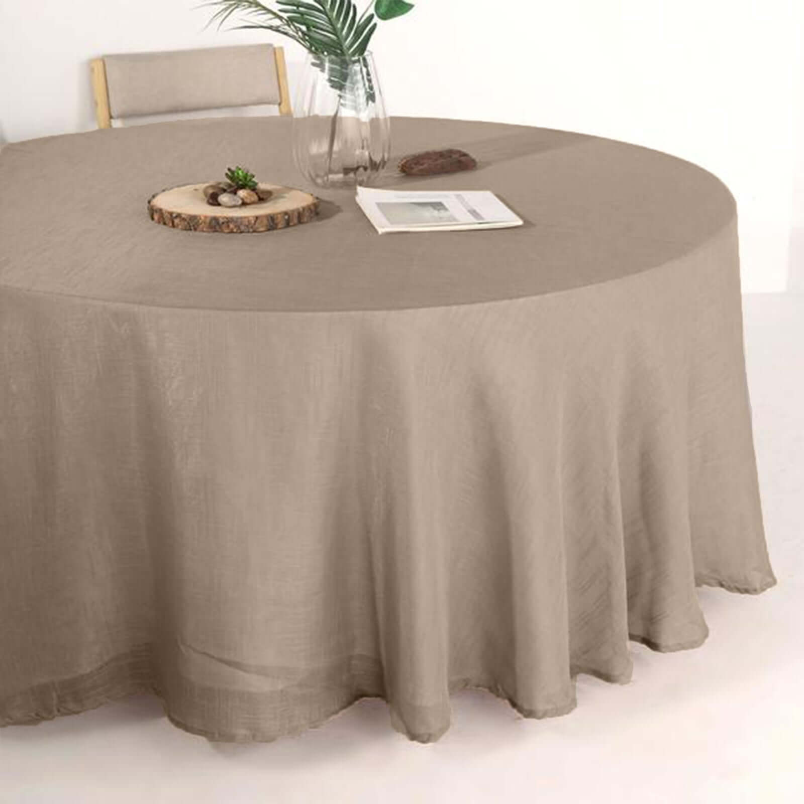 Hot! Taupe Faux Linen 120 Round Wrinkle-Resistant Tablecloth
