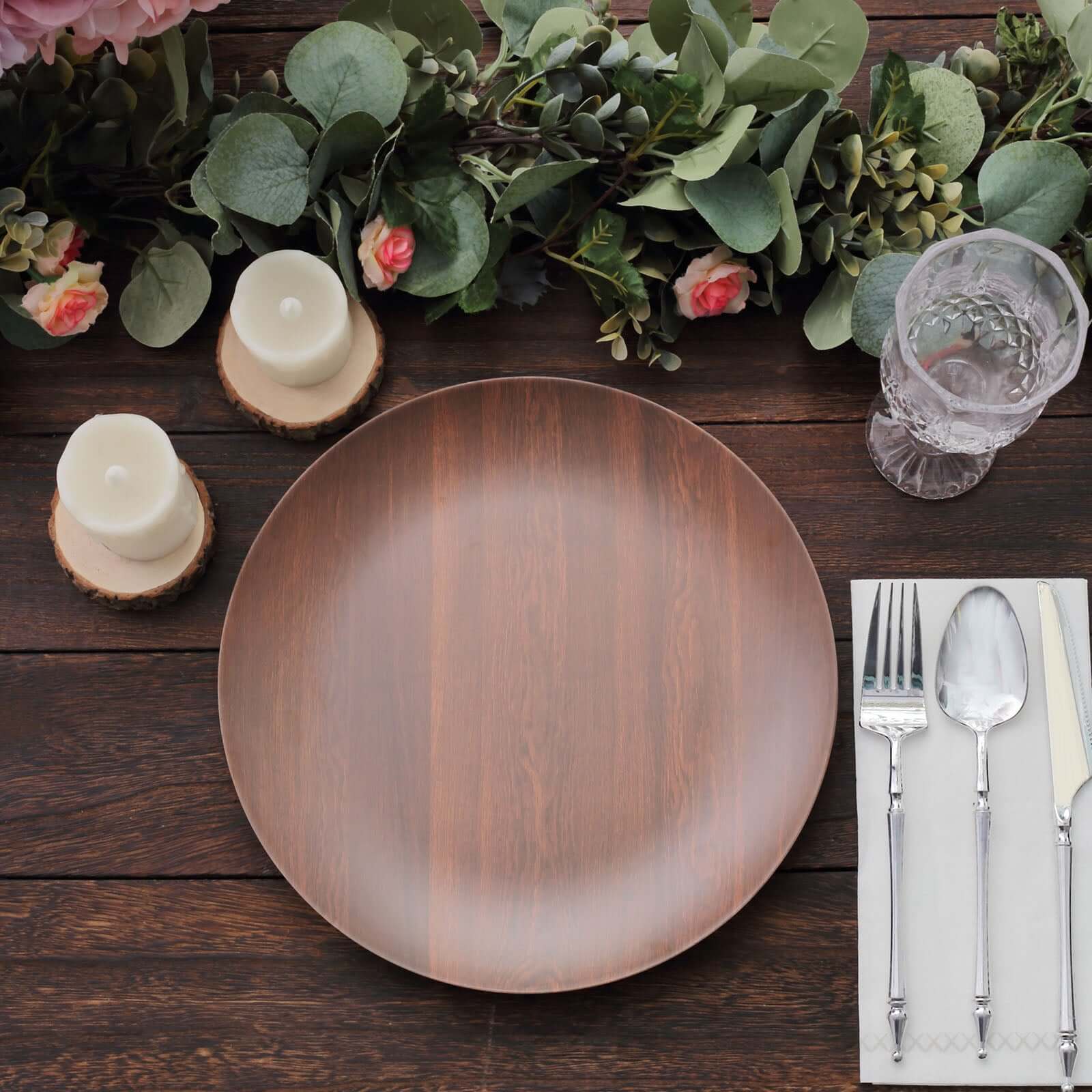 Set of 6 Disposable Shatterproof Brown Wood Grain Melamine 10-Inch Round Dinner Plates for Rustic Party Decor