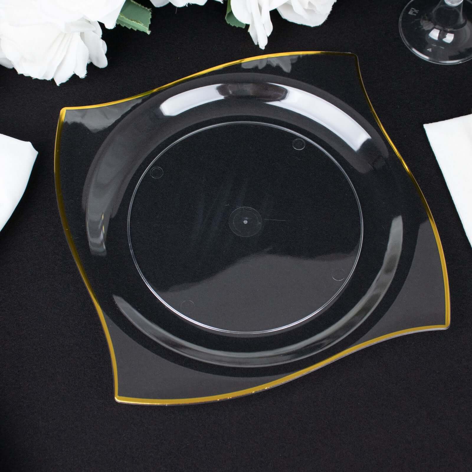 10-Pack Disposable Clear Plastic Square Dinner Plates with Gold Wavy Rim
